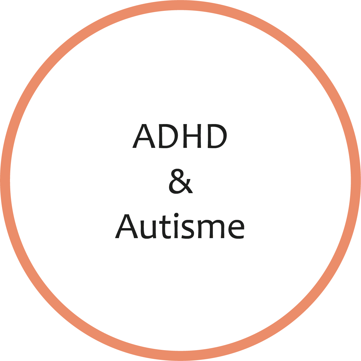 Diagram med teksten 'ADHD & Autisme' i midten, omgivet af en rosenrød cirkel. Baggrunden er sort.