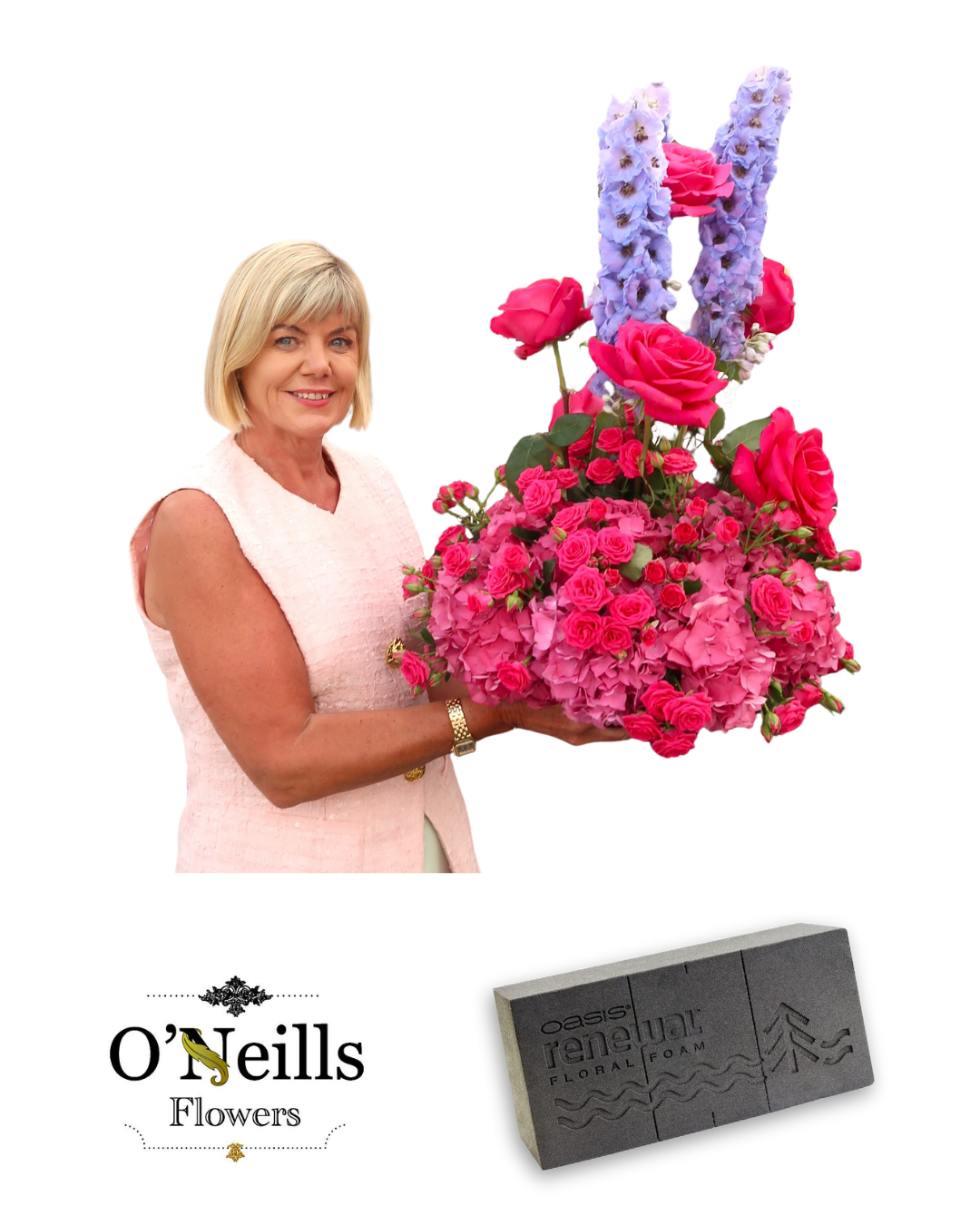 Janette from Kays Flower School with a large arrangment of flowers using Renewal Floral Foam from Oasis (2).png