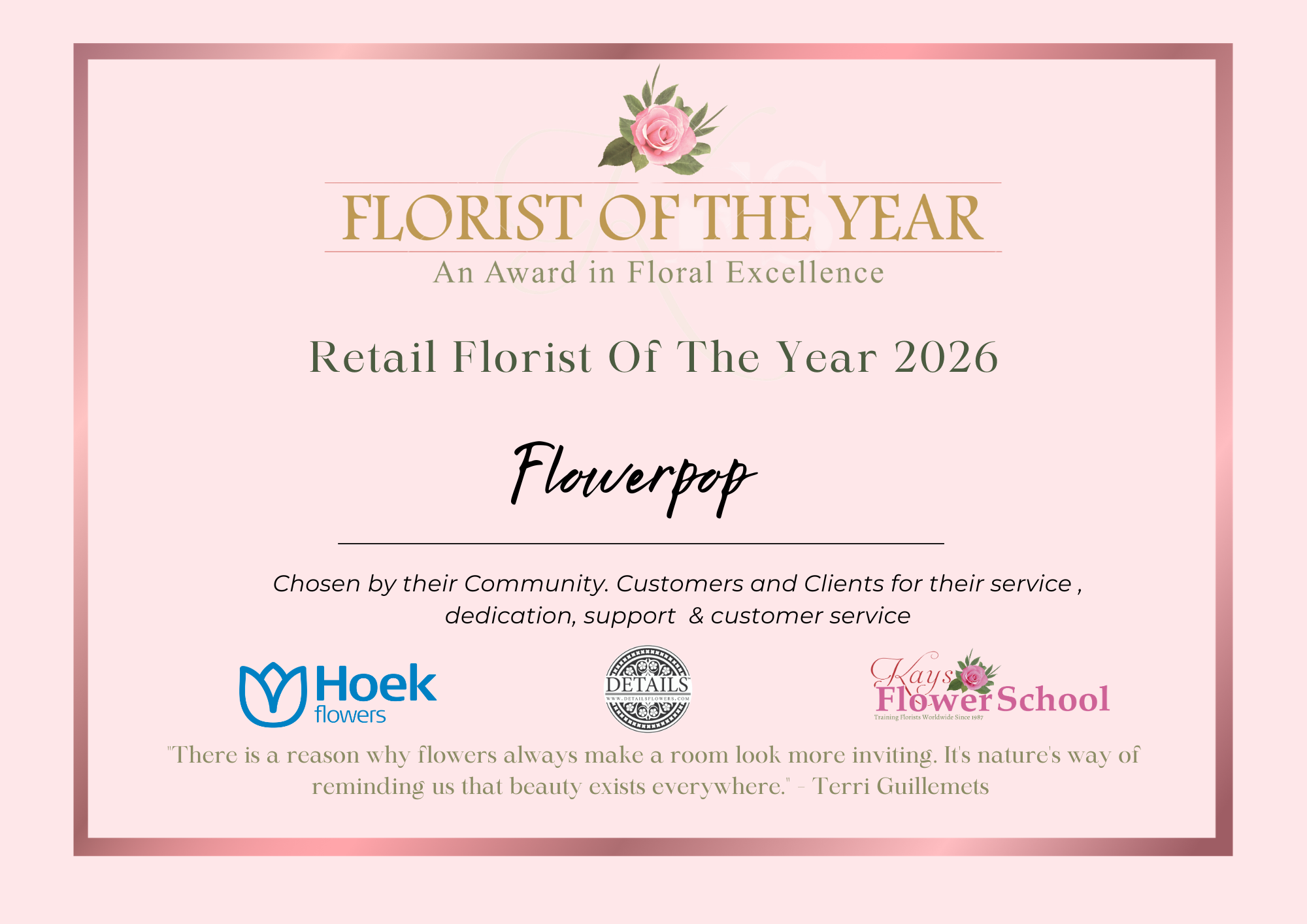 Retail Florist of the year certificate for Flowerpop