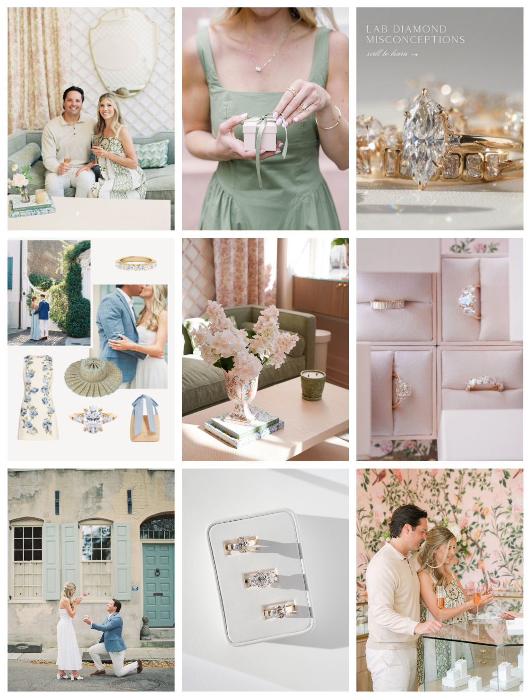 A collage of images featuring jewelry, a proposal, a wedding scene, and celebration. Top row: woman holding a small gift box, jewelry advertisement with rings. Middle row: wedding dress accessories, floral arrangement, rings in a box. Bottom row: proposal scene, jewelry display, people celebrating with drinks.