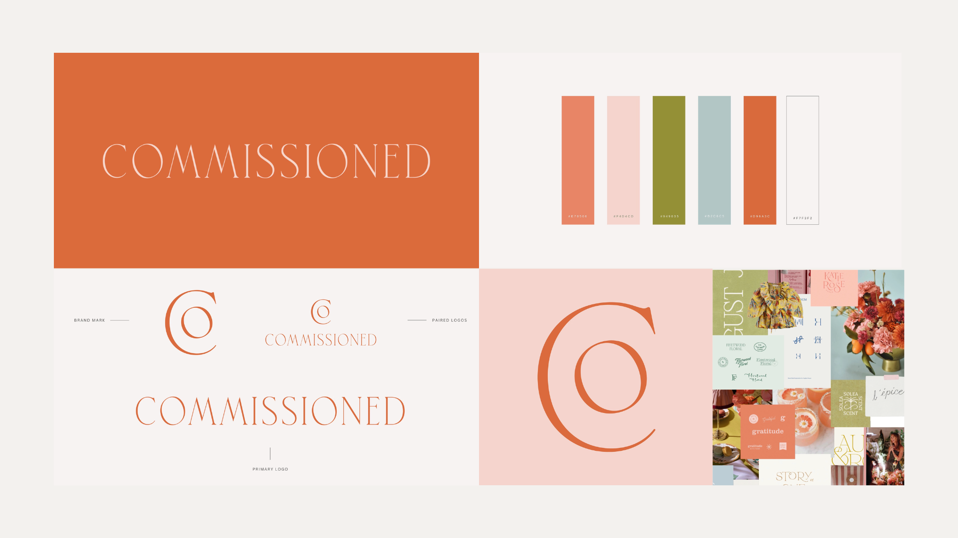 A branding board for a company called Commissioned, featuring color swatches, logo designs, and images of flowers and products in a pastel color palette.