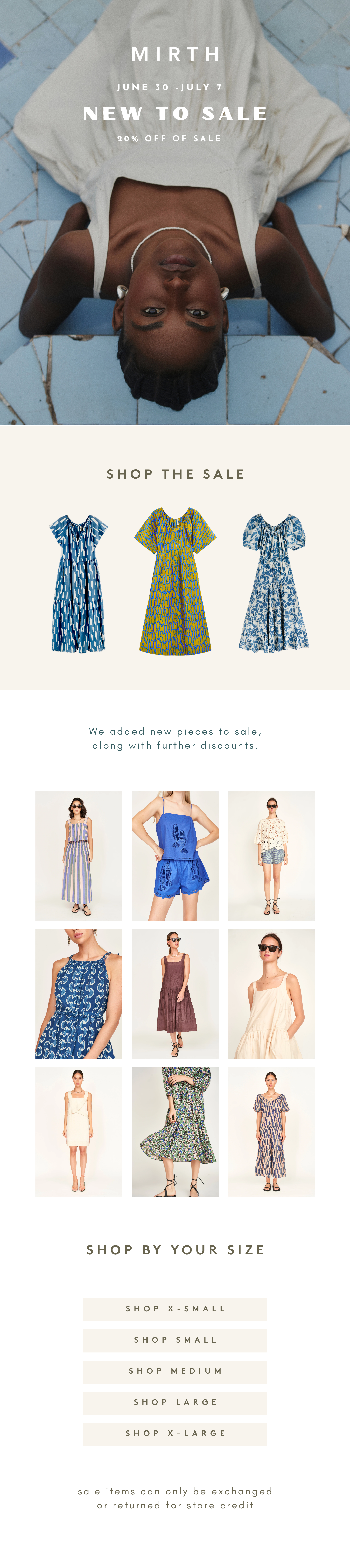 Fashion advertisement for Mirth sale June 30 to July 7, featuring dresses and clothing items with discounts. Top section shows a woman lying down, wearing a white top and necklace. Middle section displays three dresses in blue and yellow patterns. Bottom section has photos of women modeling various dresses, followed by a size selection menu.