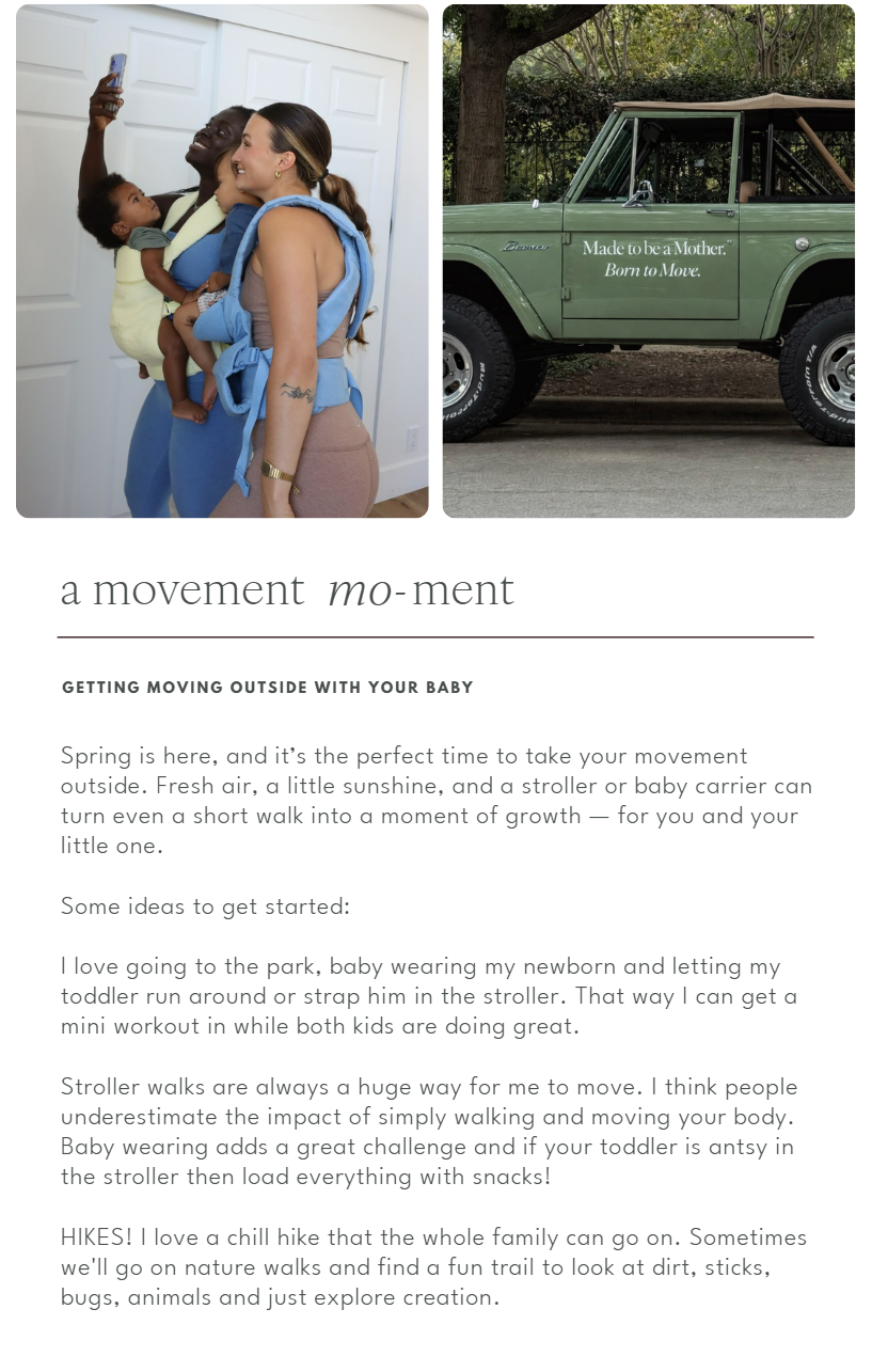Two women, one holding a child, taking a selfie indoors with a white wall and door in the background, and a green off-road vehicle with a sign that reads "Made to be a Mother. Born to Move." parked outdoors under trees.