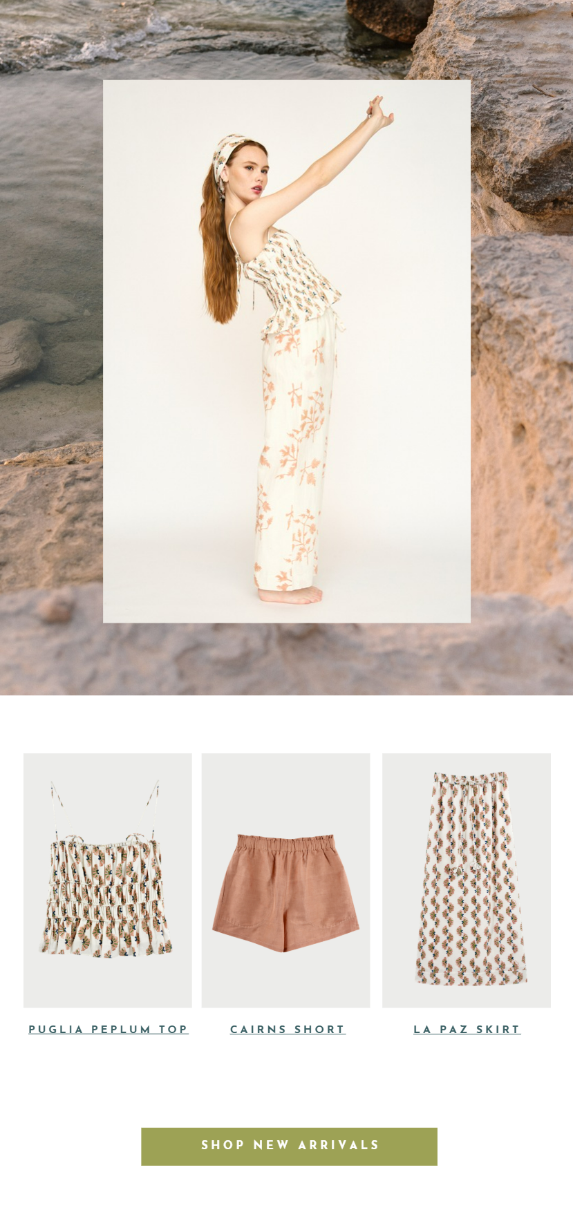 Fashion web page displaying a model in a cream and orange floral outfit, along with three clothing items: a floral top, terracotta shorts, and a patterned skirt, and a "Shop New Arrivals" button.