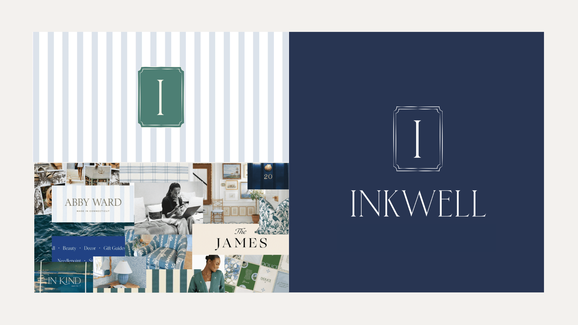 A collage featuring patterns, home decor, and fashion items, with the prominent text 'INKWELL' on a blue background and smaller text 'ABBY WARD' and 'The JAMES'.