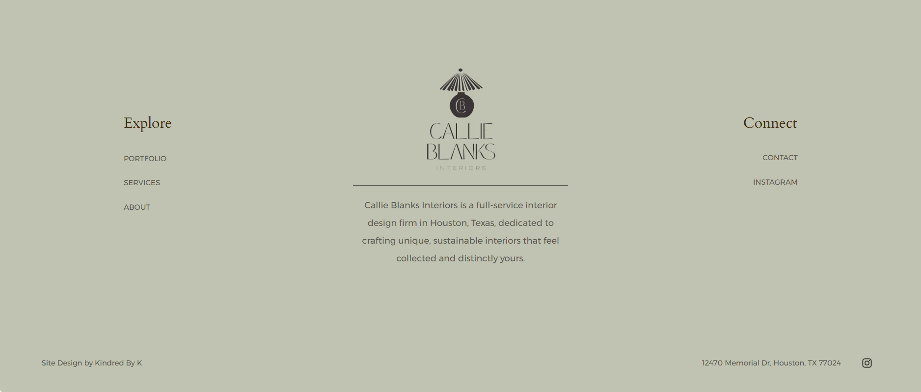 Homepage of Callie Blanks Interiors website with navigation links for 'Explore' and 'Connect', logo at the center, and a brief company description.