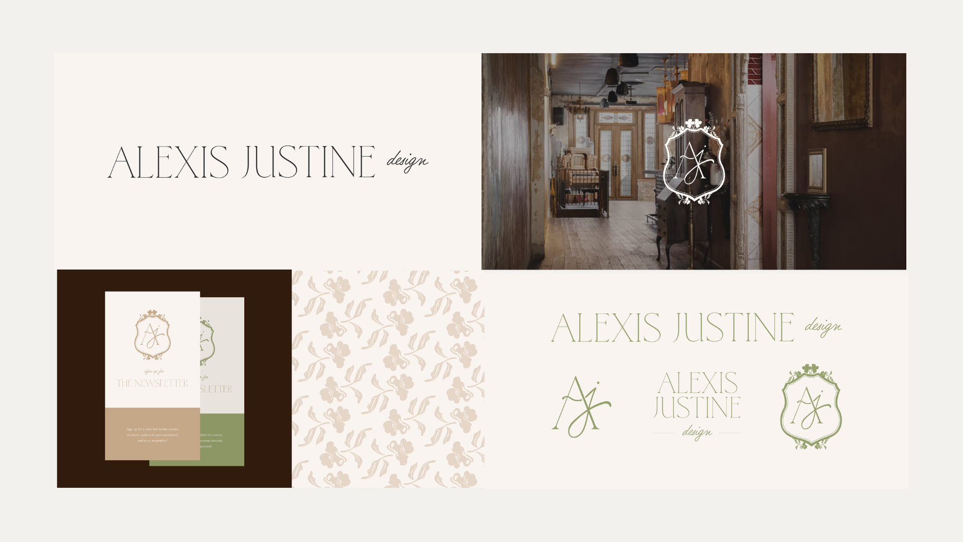 A website homepage for Alexis Justine Design features a split layout with text on the left and an interior photo on the right. The text includes the designer's name and logo, with decorative elements and multiple name variations in elegant fonts. The interior photo shows a vintage-style room with wooden floors, worn walls, vintage furniture, and large windows.