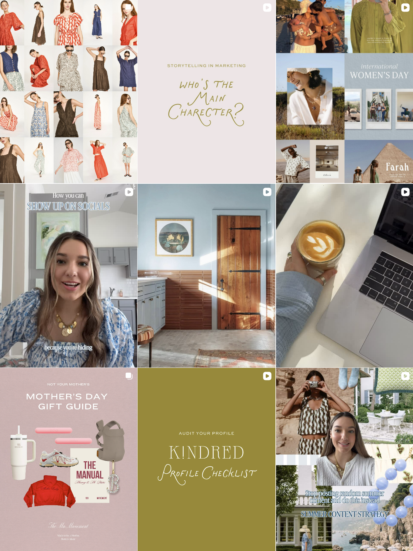 Collage of images related to marketing, social media, Women's Day, home interiors, coffee, and fashion, with text overlays about storytelling, profile checklists, and content strategies.