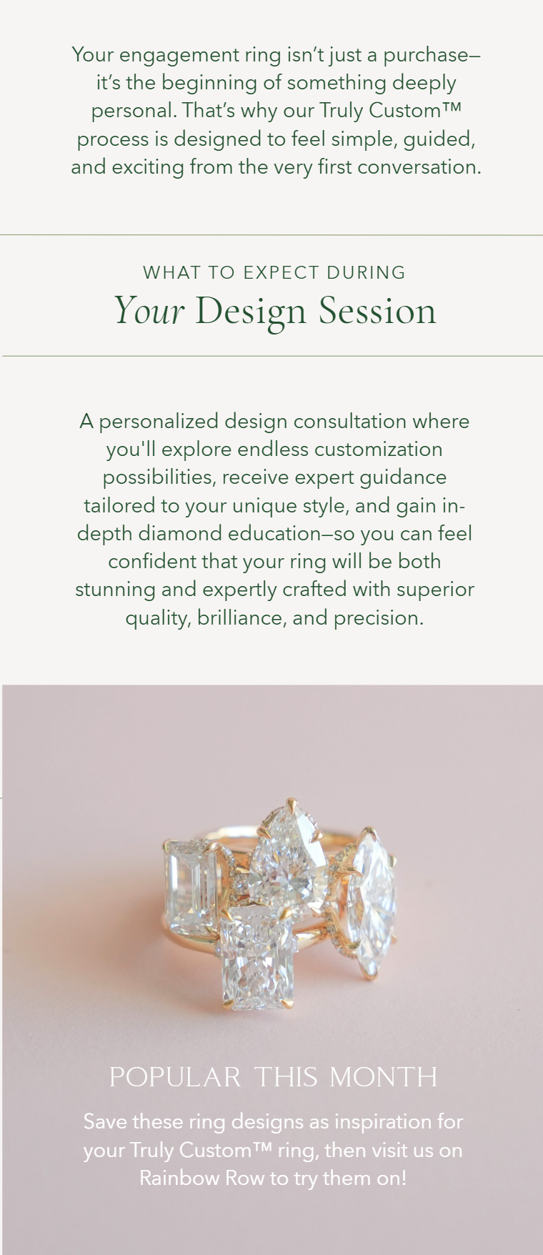 A promotional advertisement for customized engagement rings featuring a large, multi-gem ring with various cut diamonds, and text describing the customization process and current popular ring styles.