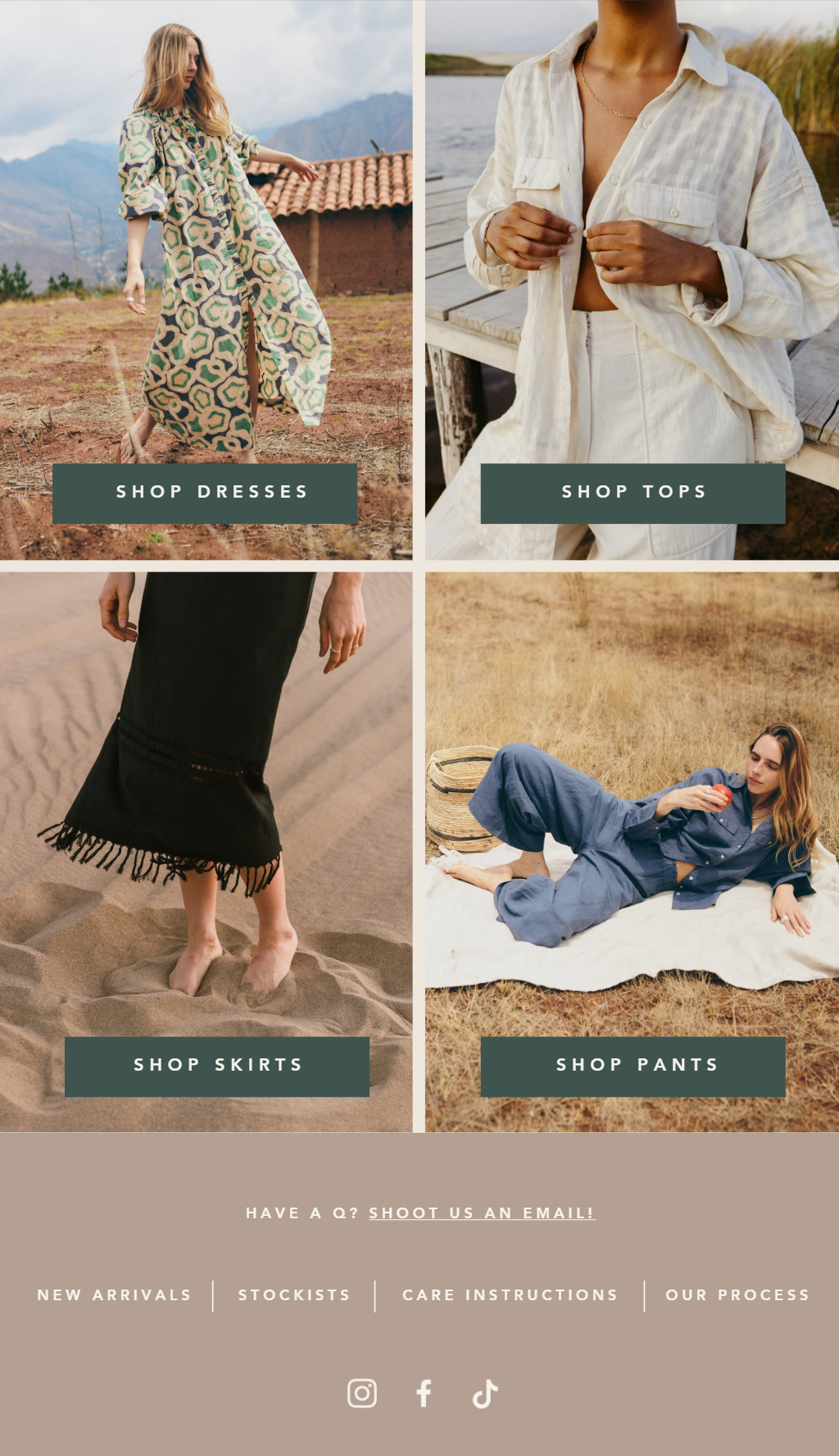A fashion website homepage featuring women's clothing categories: dresses, tops, skirts, and pants, with outdoor scenery backgrounds.