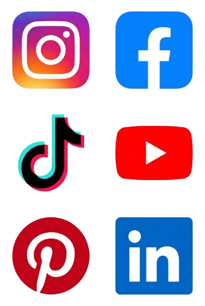 Icons of social media platforms: Instagram, Facebook, TikTok, YouTube, Pinterest, and LinkedIn.
