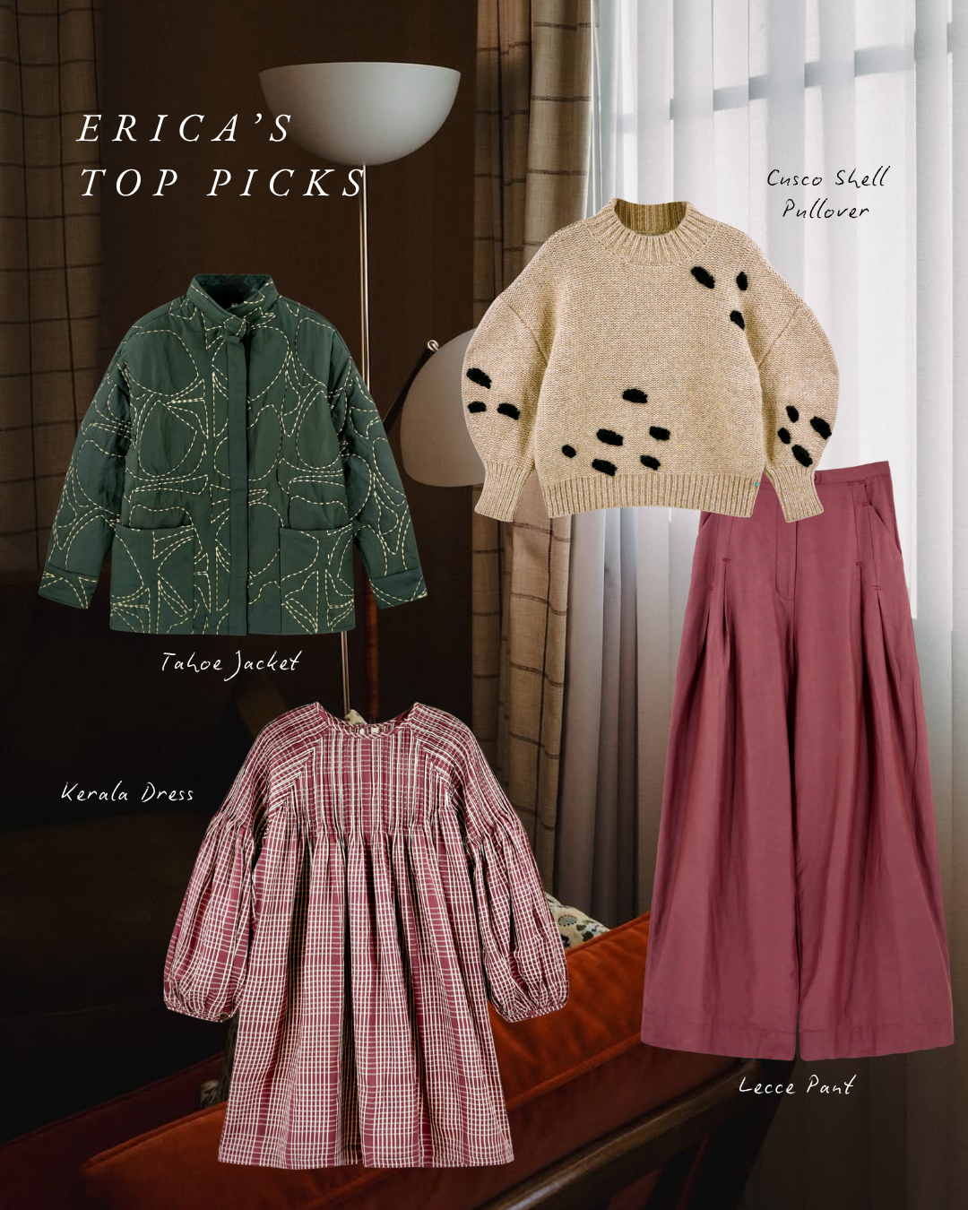 A collage of four clothing items: a green Tahoe jacket with white pattern, a cream beige cashmere shell pullover with black spots, a red and white checkered Kerala dress with puffed sleeves, and pink pleated Lecce pants. The background shows a room with a standing lamp, curtains, and a window.