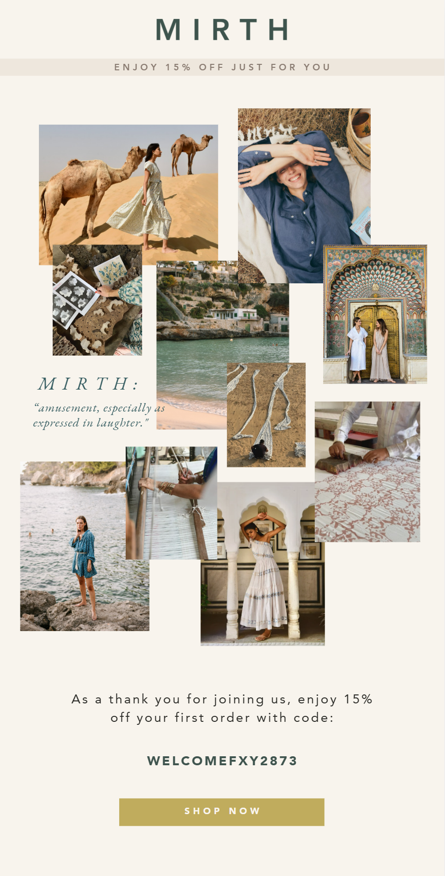 A promotional collage for Mirth, featuring images of women in various settings: walking in a desert with camels, relaxing on a beach, exploring a city with white buildings, and traditional architecture. The collage includes text about a 15% discount with a promotional code.