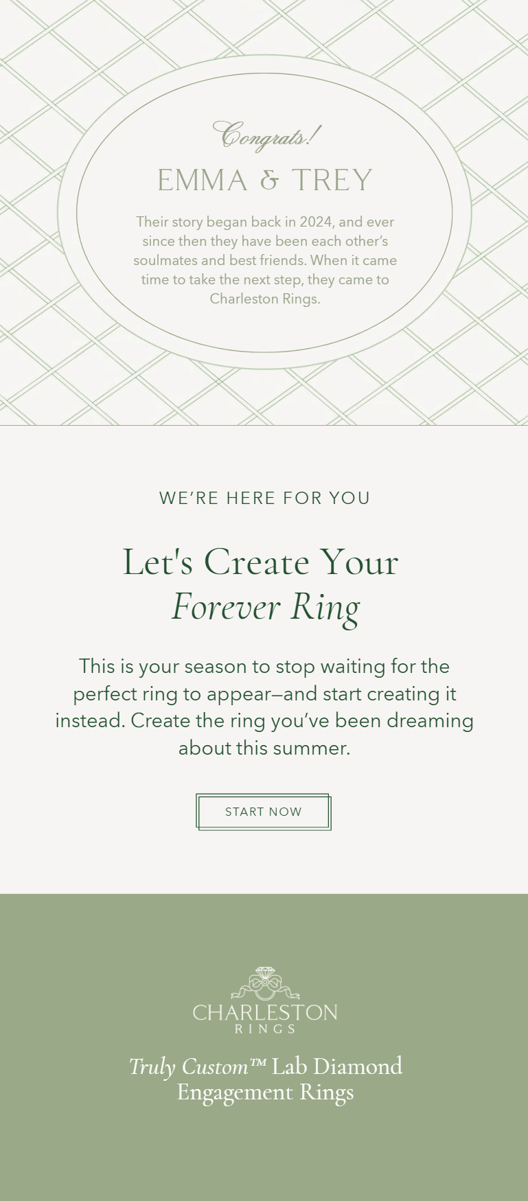 A promotional webpage for Charleston Rings, advertising custom engagement rings with text describing the company's history and encouraging customers to create their own forever ring, featuring a 'Start Now' button and the company's logo.