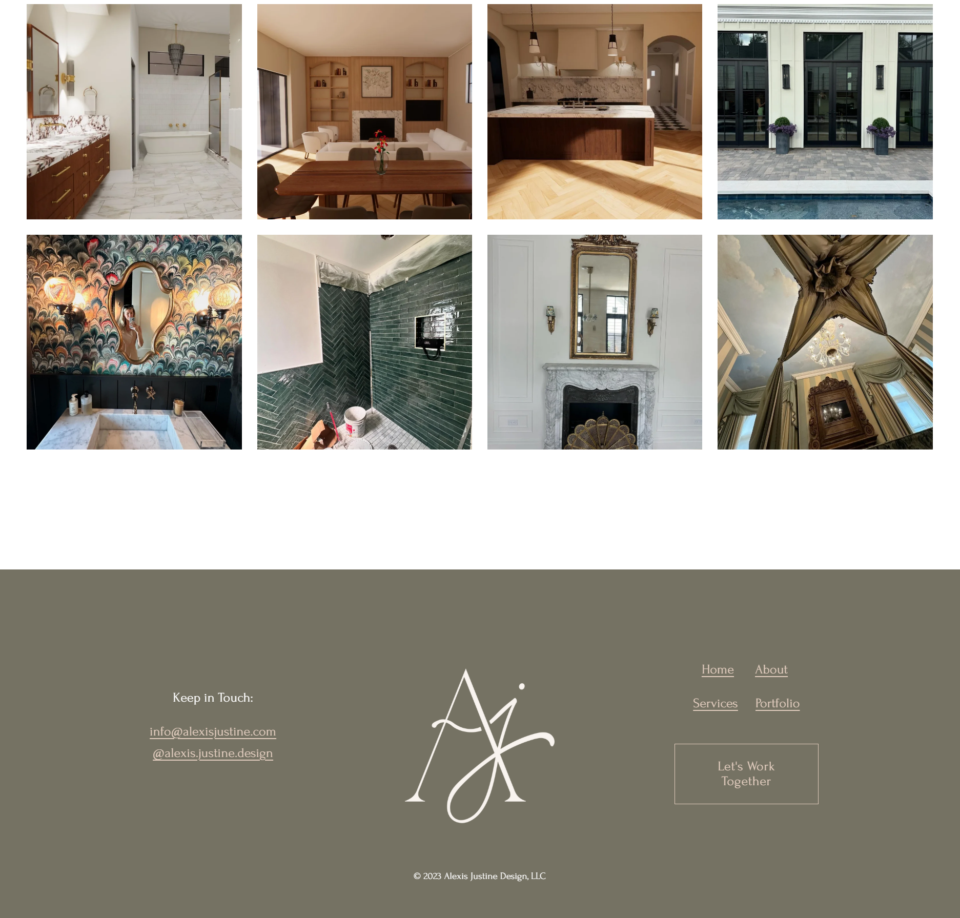 Collage of interior home spaces including a bathroom, dining room, kitchen, outside patio, bathroom mirror with wallpaper, bathroom wall with tile, fireplace with mirror, and ornate ceiling with chandelier.