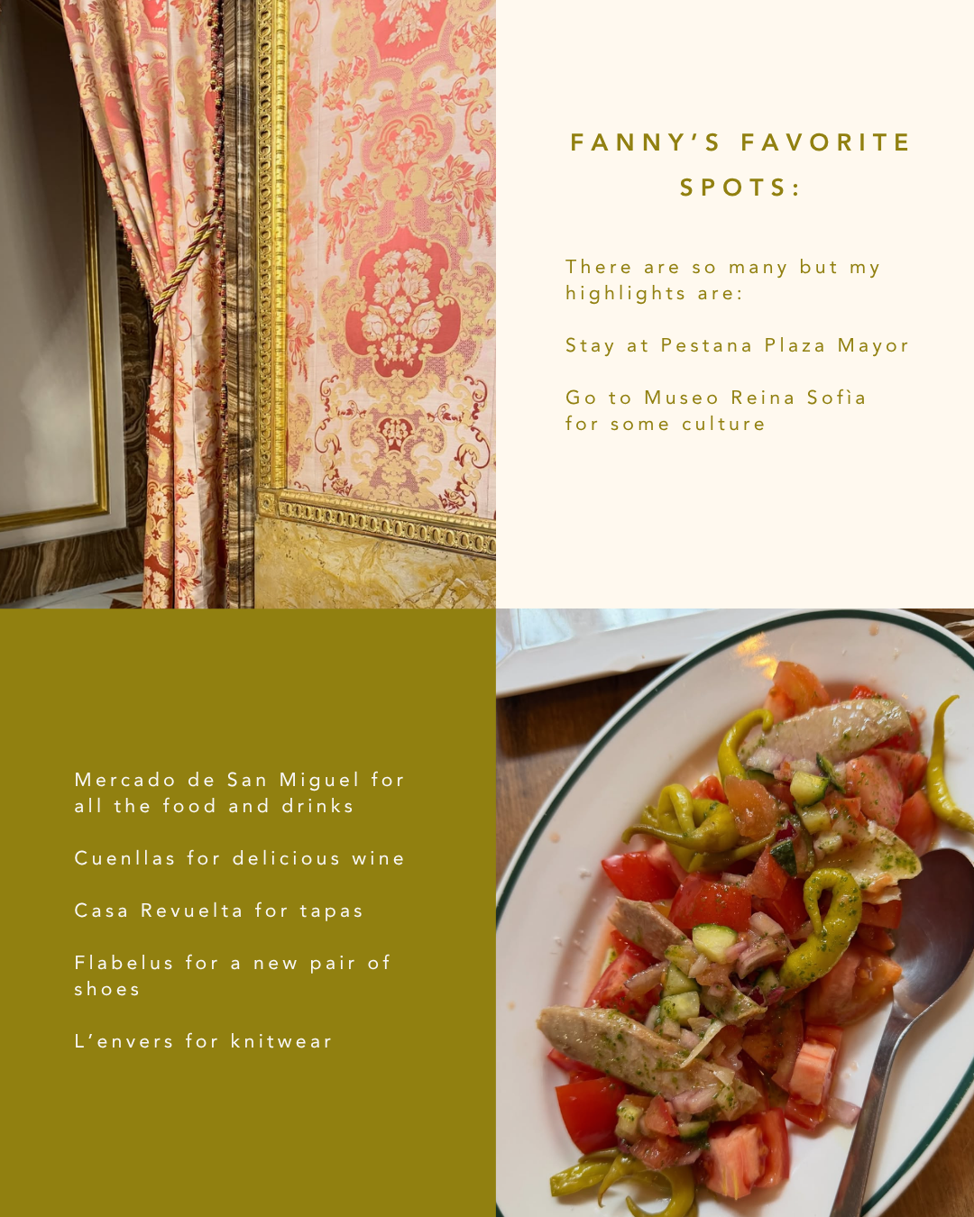 A collage with three sections: the top left showing ornate pink and gold decorative wall paneling with curtains, the top right featuring a beige background with green text about Fanny's favorite spots to visit, and the bottom right displaying a plate of tomato and vegetable salad with a spoon.