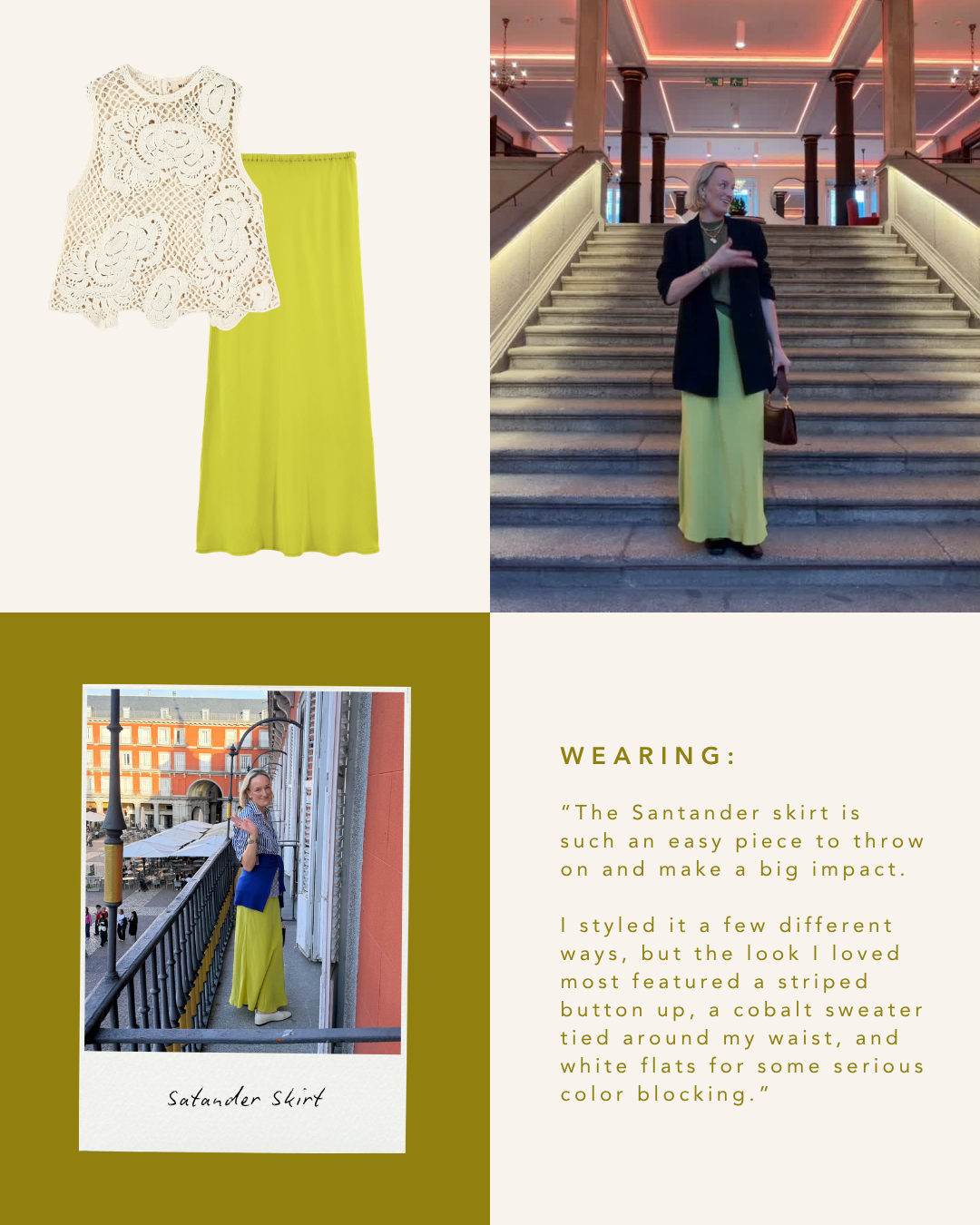 Style guide with a lace cream top and bright yellow skirt, a woman wearing the yellow skirt styled with a navy blazer in an urban setting, and another image of the woman in the outfit on a city balcony, with a description of her outfit focusing on a cobalt sweater tied around her waist and white flats.