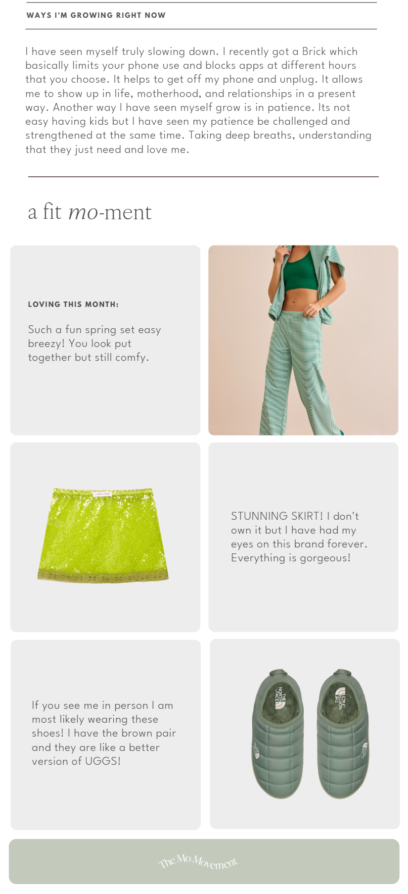 A page from a style or fashion blog featuring a green spring set including a green sports bra, matching striped pants, and a matching jacket, along with a bright green skirt and gray slip-on shoes, with text describing the items and a section titled "Ways I'm Growing Right Now."
