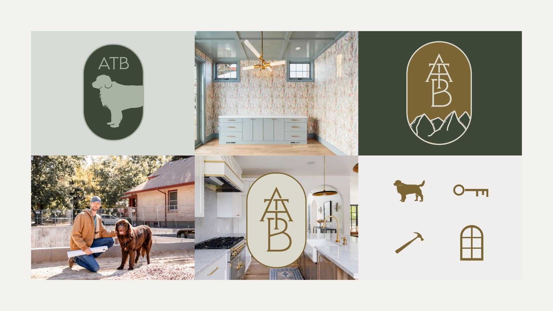 Collage of interior and exterior home scenes, including a room with wallpaper and cabinetry, a kitchen with gold fixtures, a man with a dog outside in a yard, and logos with mountain and dog icons.