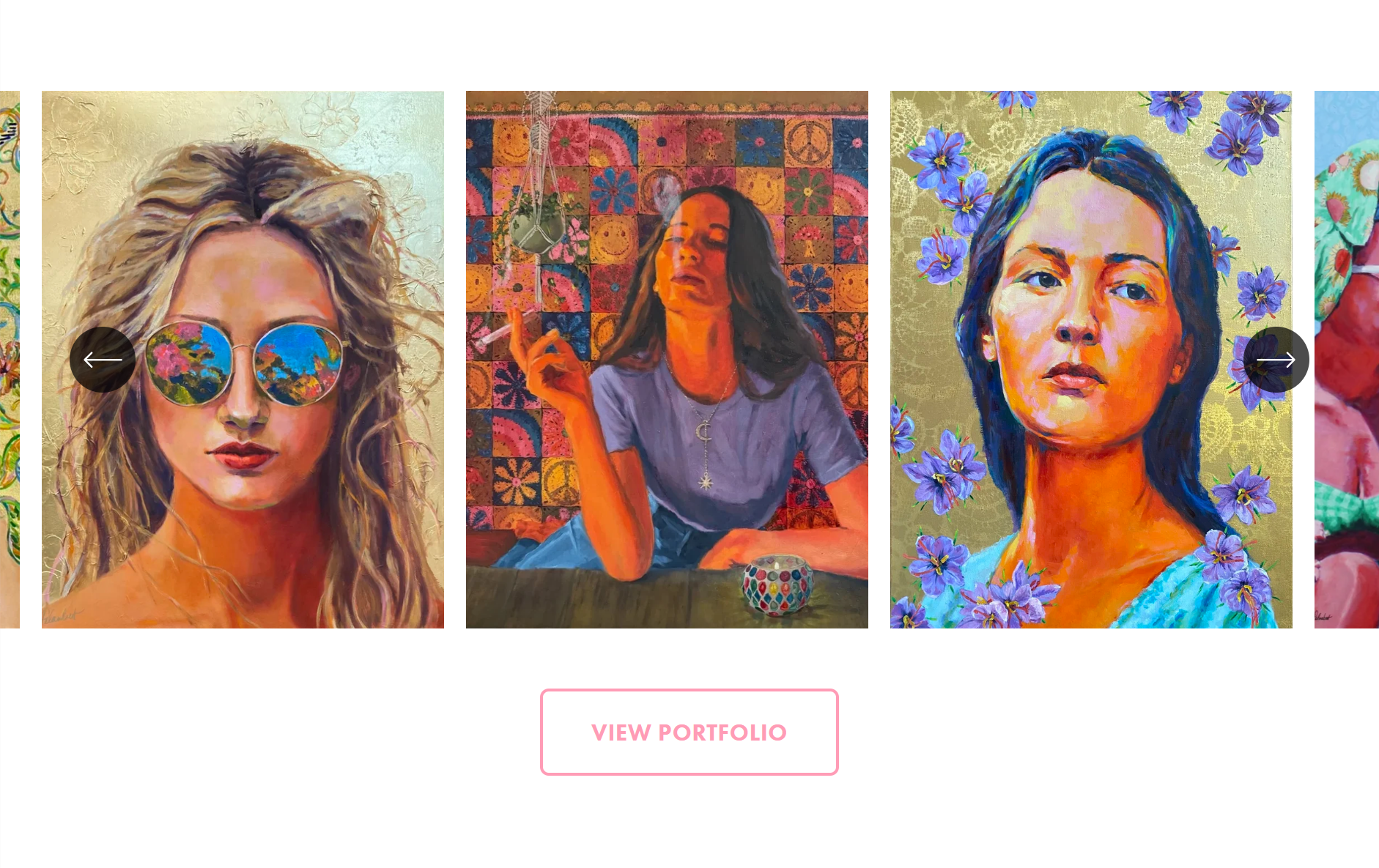 Three colorful portrait paintings of women hanging side by side on a wall.