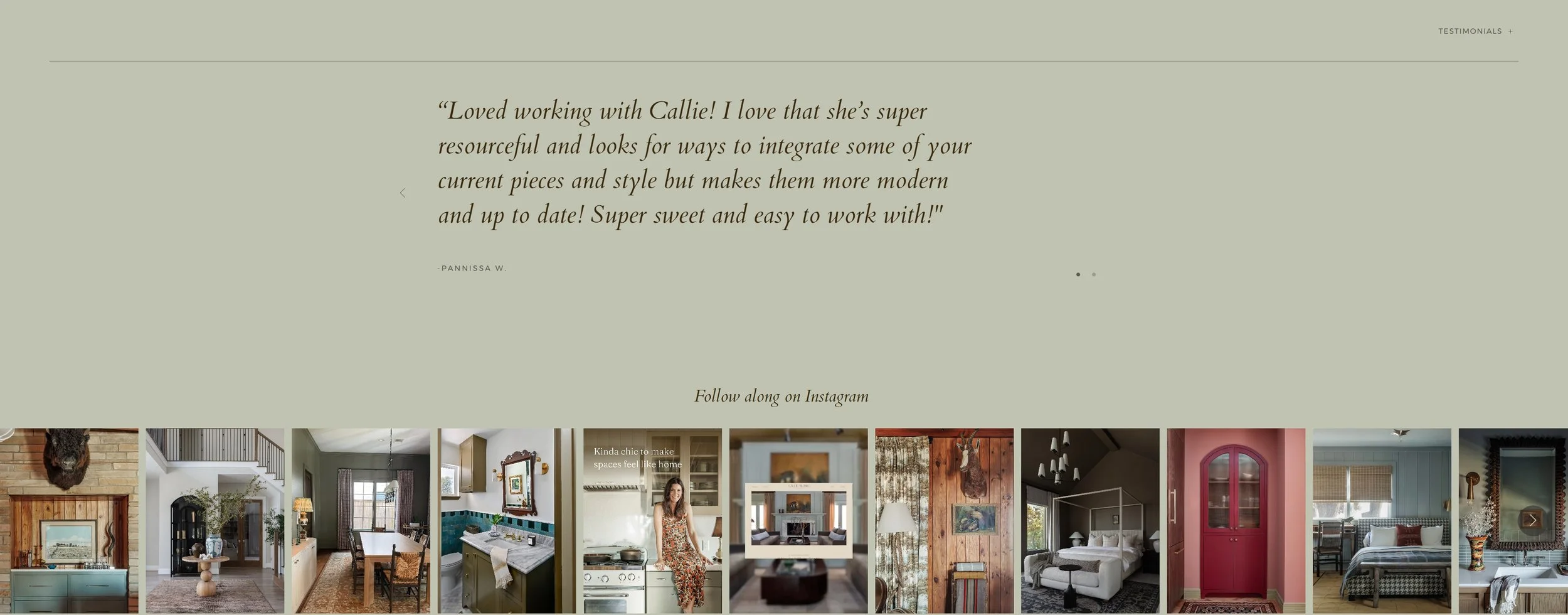 Testimonial quote overlay on image gallery of interior home spaces, with follow-up Instagram prompt.