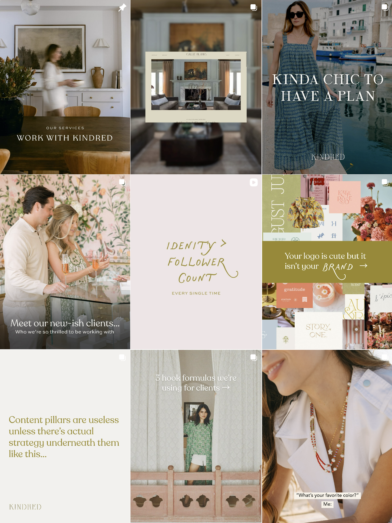 Collage of interior design and lifestyle images with text overlays promoting services and content of a brand called KINDRED, including home decor, client acceptance, and branding strategies.