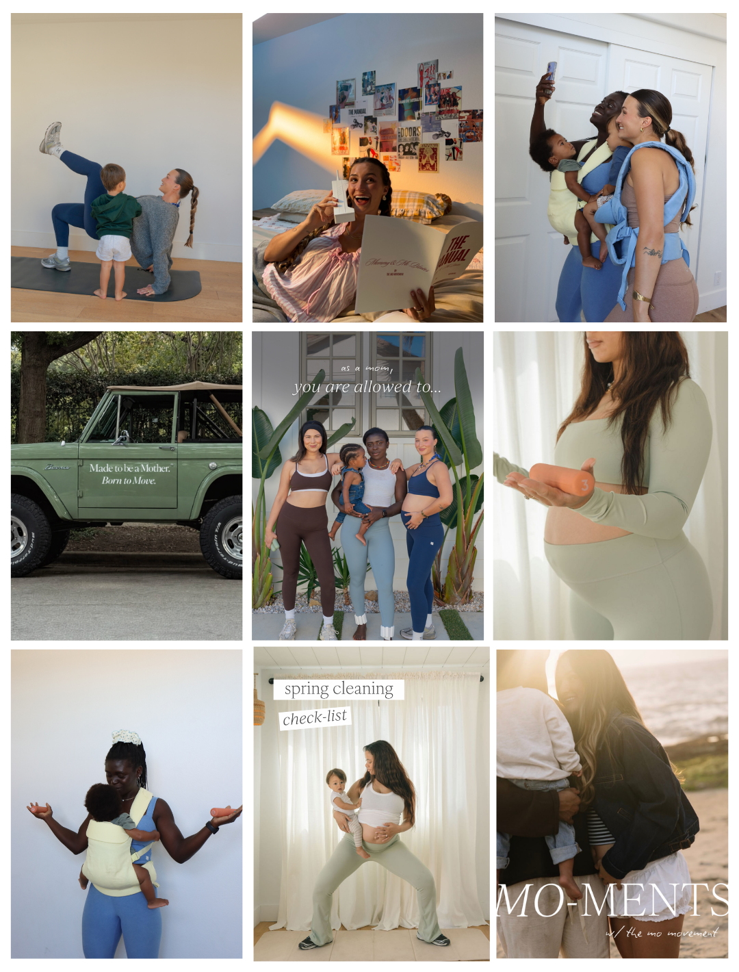 Collage of nine images depicting women and children in various settings, including exercising, reading, taking selfies, and spending time outdoors.