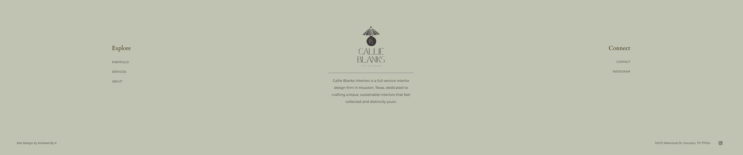 Screenshot of a website homepage for Callie Blanks Interiors, featuring a green background, a logo at the top center, and navigation links for Explore and Connect sections.