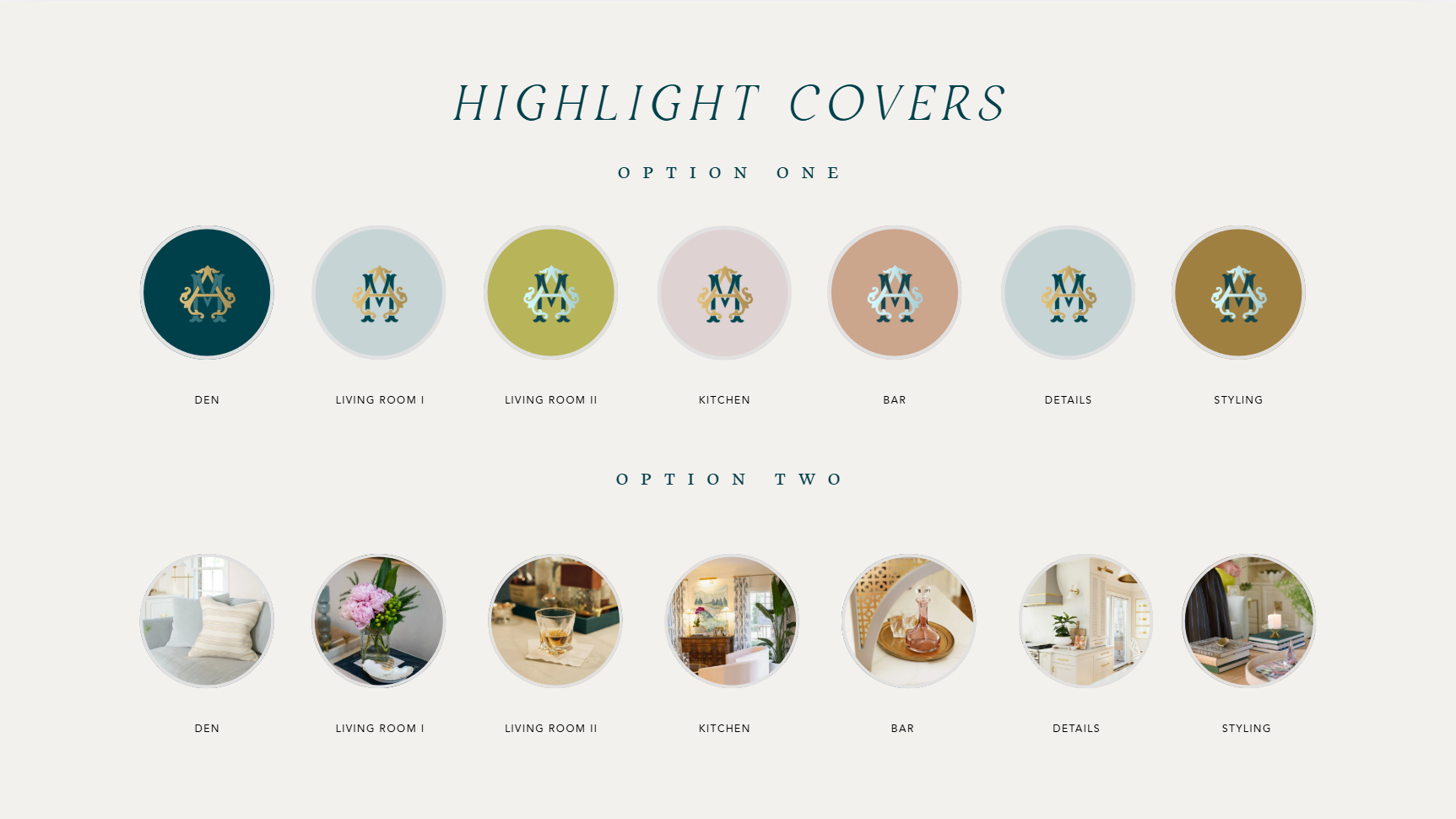 Design options for highlight covers featuring a crest logo, with options for different rooms and styles.