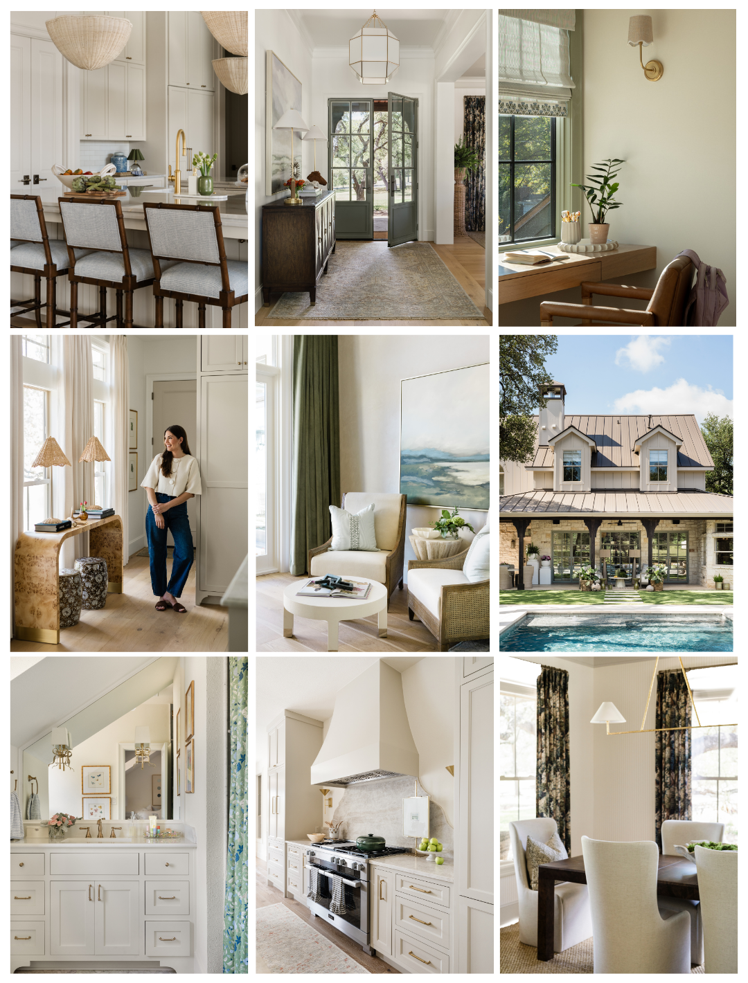 Collage of nine interior and exterior home photos, including a kitchen, entryway, workspace, living room, house exterior, bathroom, kitchen stove, dining room, and a woman in a bright room.