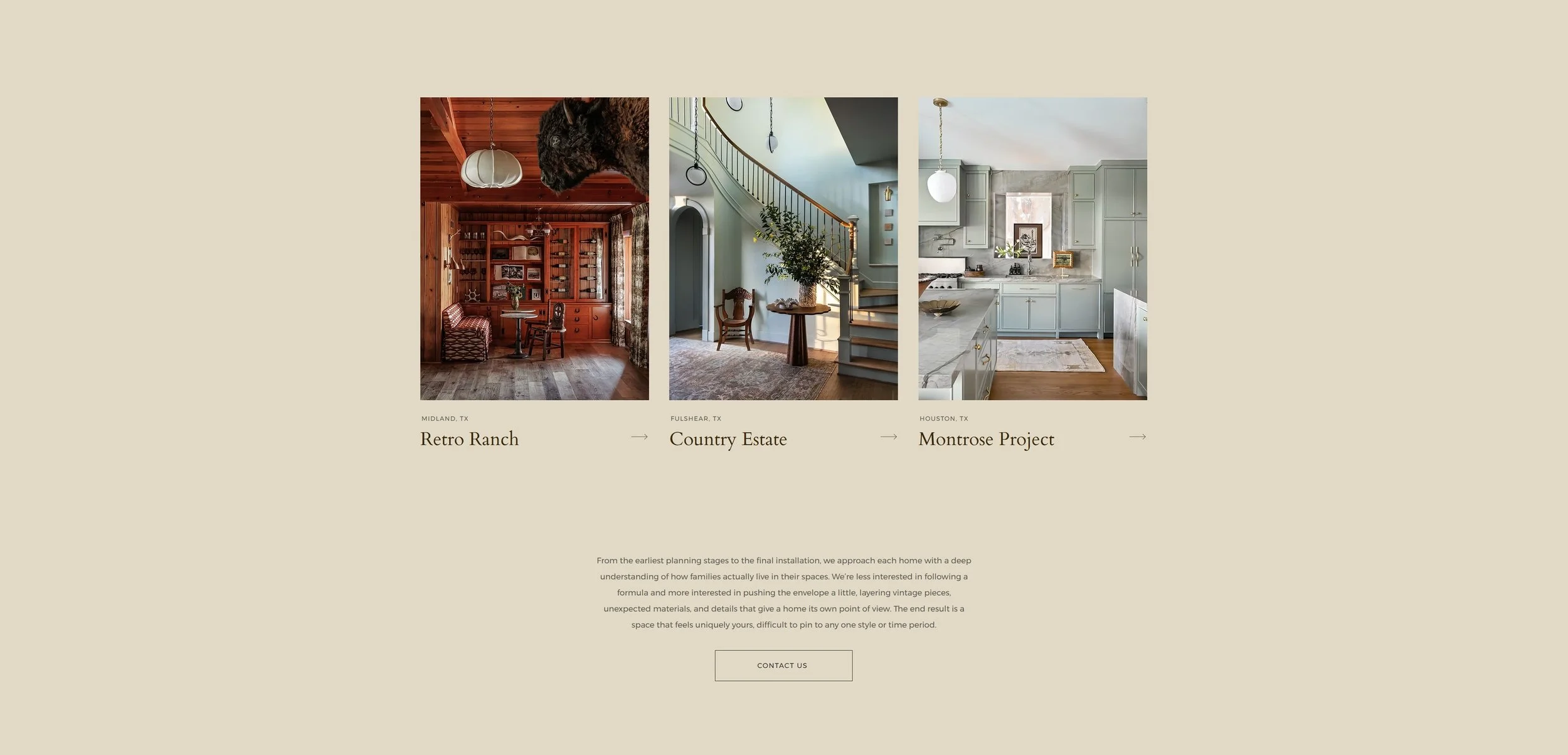 A website featuring three interior home designs: a rustic red-toned room with wood walls and a large animal sculpture hanging from the ceiling labeled Retro Ranch in Midland, TX; a light blue room with a staircase and wooden furniture labeled Country Estate in Fulshear, TX; and a modern kitchen with pastel cabinets and marble countertops labeled Montrose Project in Houston, TX.
