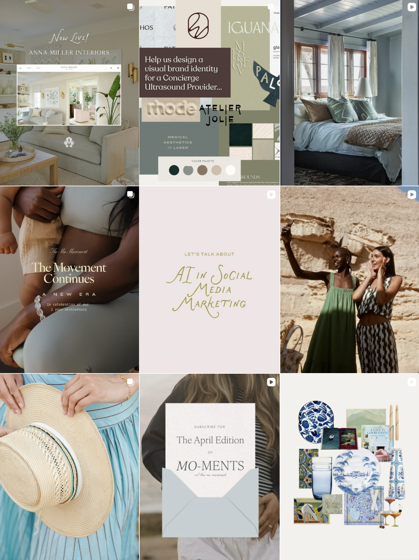 Collage of interior design, branding, and lifestyle images including cozy rooms, branding palettes, women outdoors, and product displays.