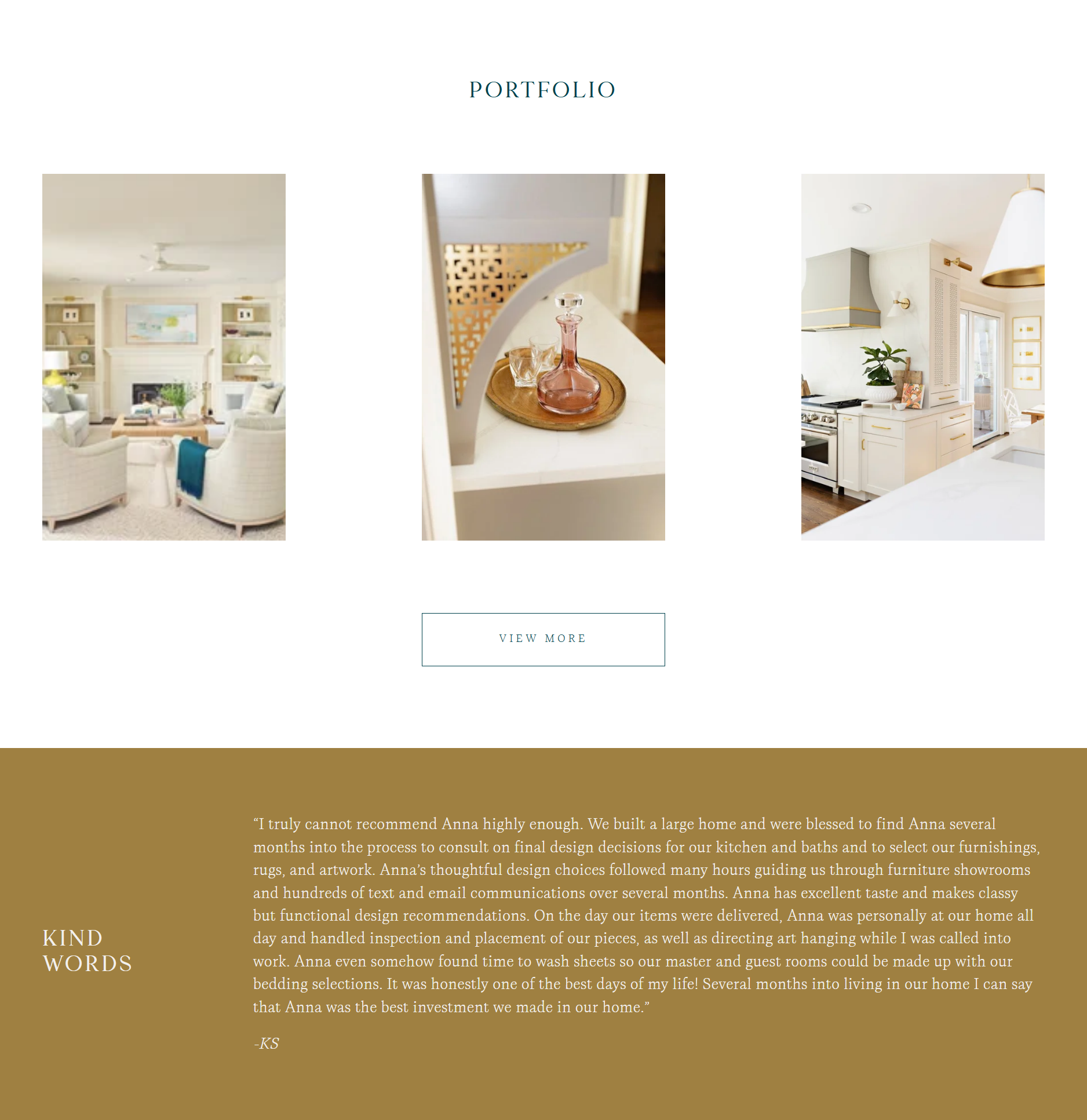 Screenshot of a website featuring a portfolio with images of a living room, a close-up of a decorative tray, and a kitchen, along with a testimonial paragraph and a 'View More' button.