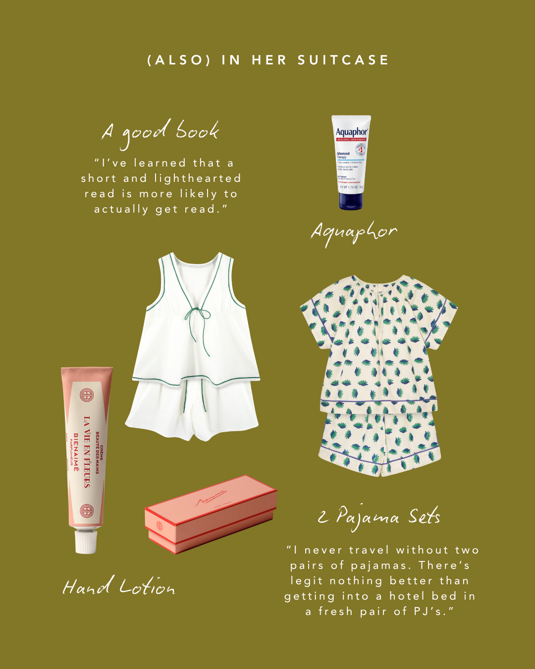 A graphic featuring travel essentials including two pajama sets, hand lotion, Aquaphor ointment, and a pink box, with quotes about books and travel on a khaki background.