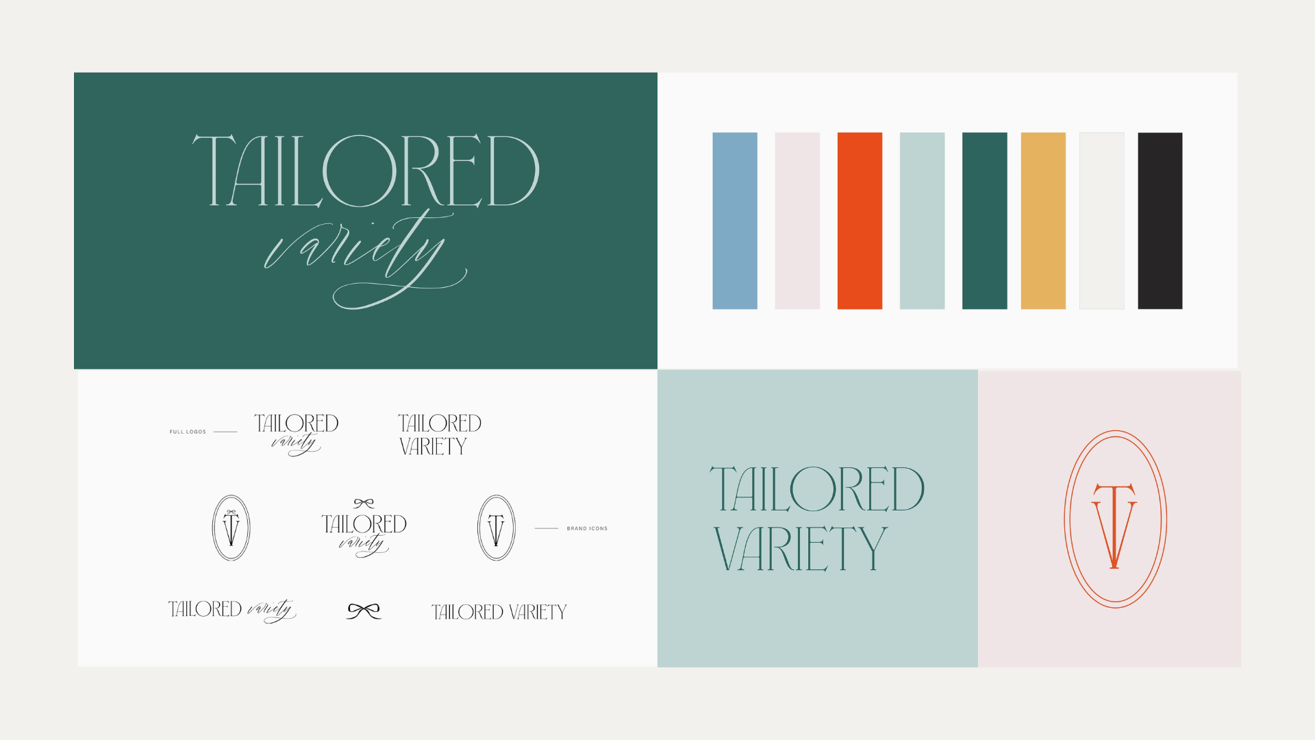 A digital design mood board with the text "Tailored Variety" in different fonts and color palettes, including pastel, muted, and bold hues.