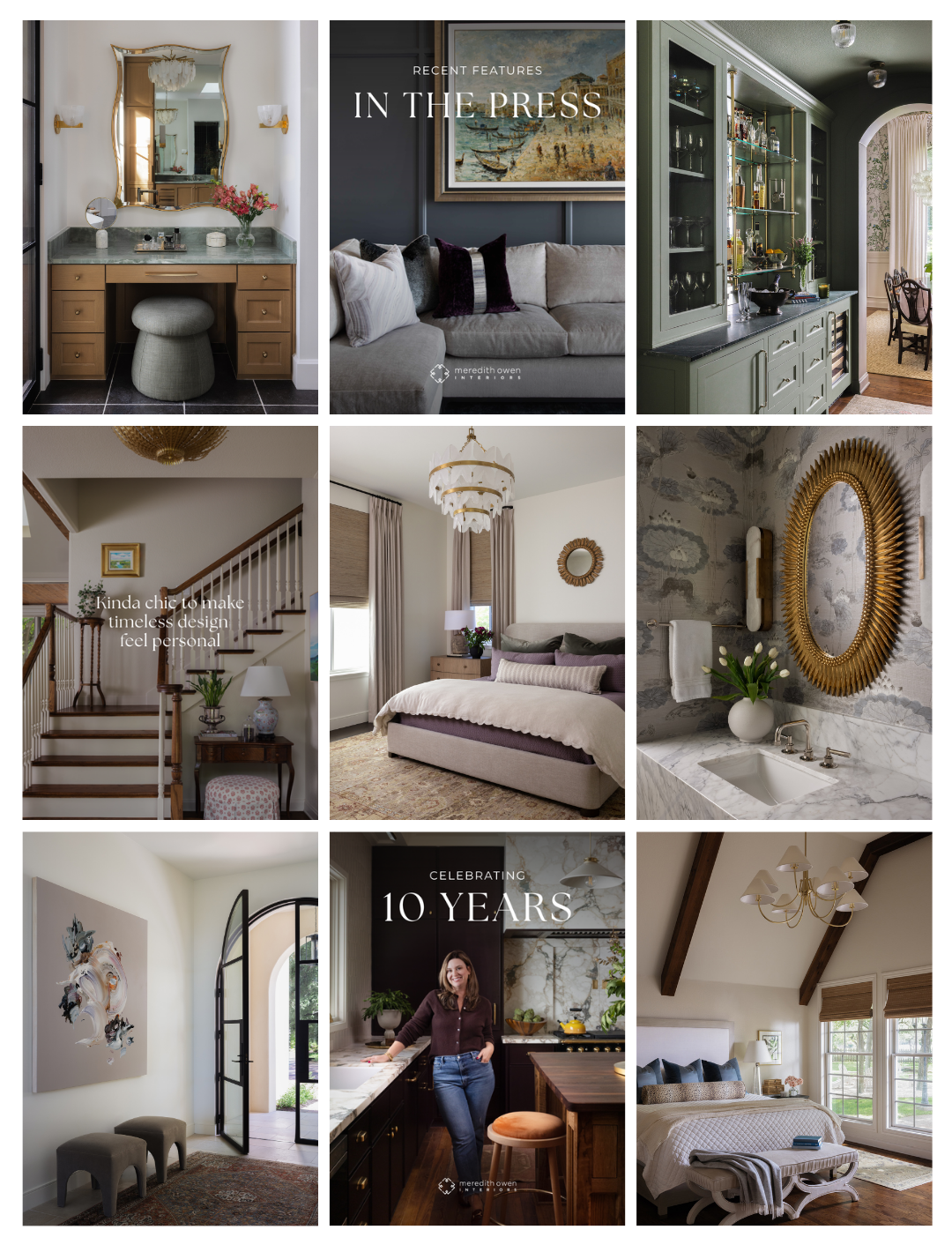 Collage of nine interior home decor and design photos, including bedrooms, a bathroom, a living room, a staircase, a kitchen, and decorative elements, with text overlays celebrating recent features, 10 years, and stylish, elegant decor.