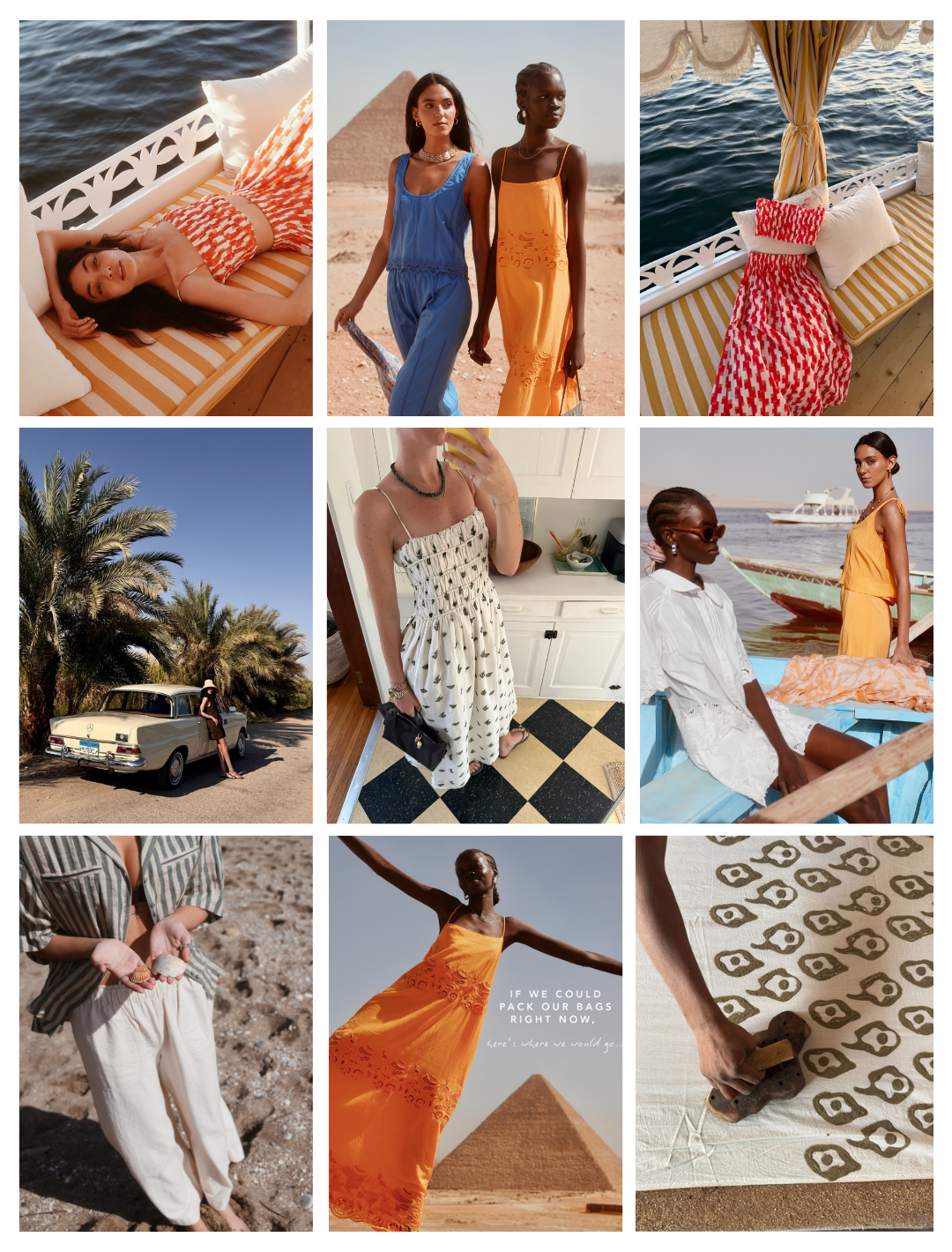 Collage of nine images depicting women in summer and beach settings, featuring poolside lounging, women in dresses near pyramids, palm trees, vintage car, and sea scenes, with vacation and travel themes.