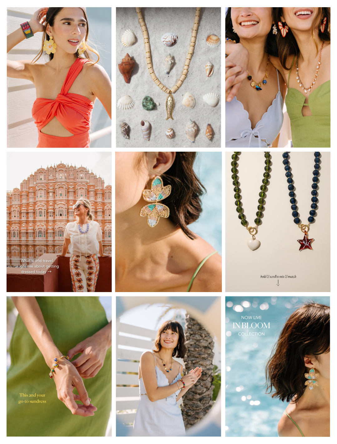 A collage of women wearing colorful jewelry, including necklaces and earrings, in various outdoor settings. The middle images feature the jewelry close-up, highlighting seashell, starfish, and bead designs.