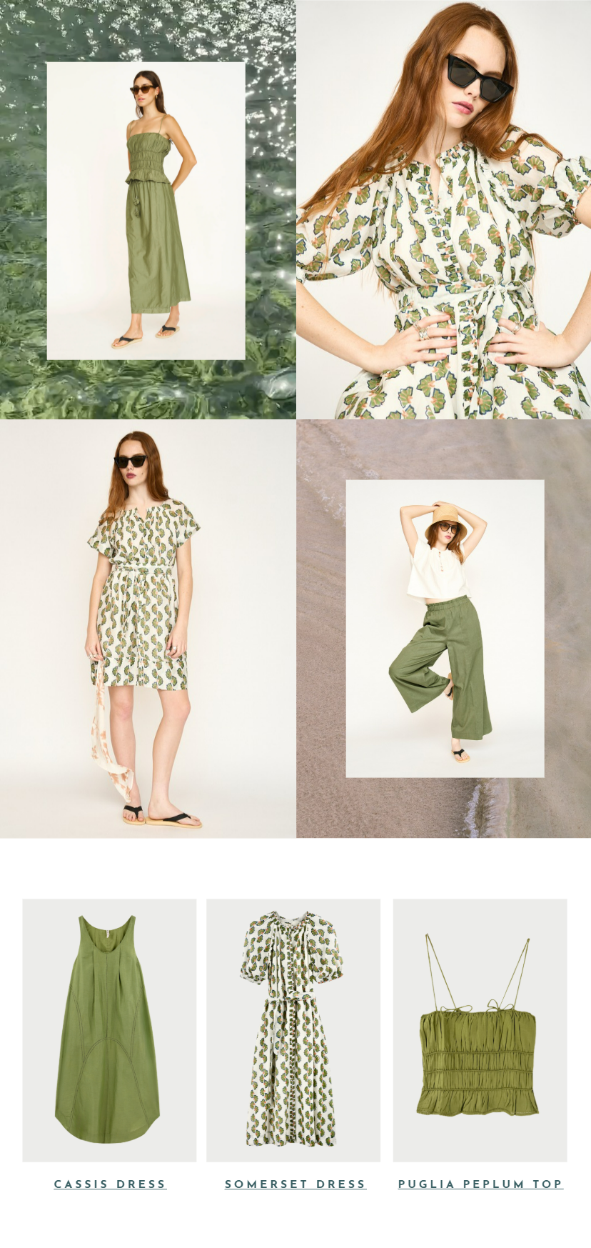 Fashion collection featuring green and patterned dresses and tops, displayed on a model against various backgrounds including water, beach, and plain white.
