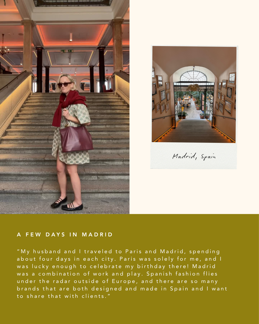 A woman standing on the grand staircase of a luxurious building during daytime, dressed in a patterned dress, wearing sunglasses, carrying a large red bag, with a red sweater draped over her shoulders. The interior features warm lighting, gold accents, and marble columns.
