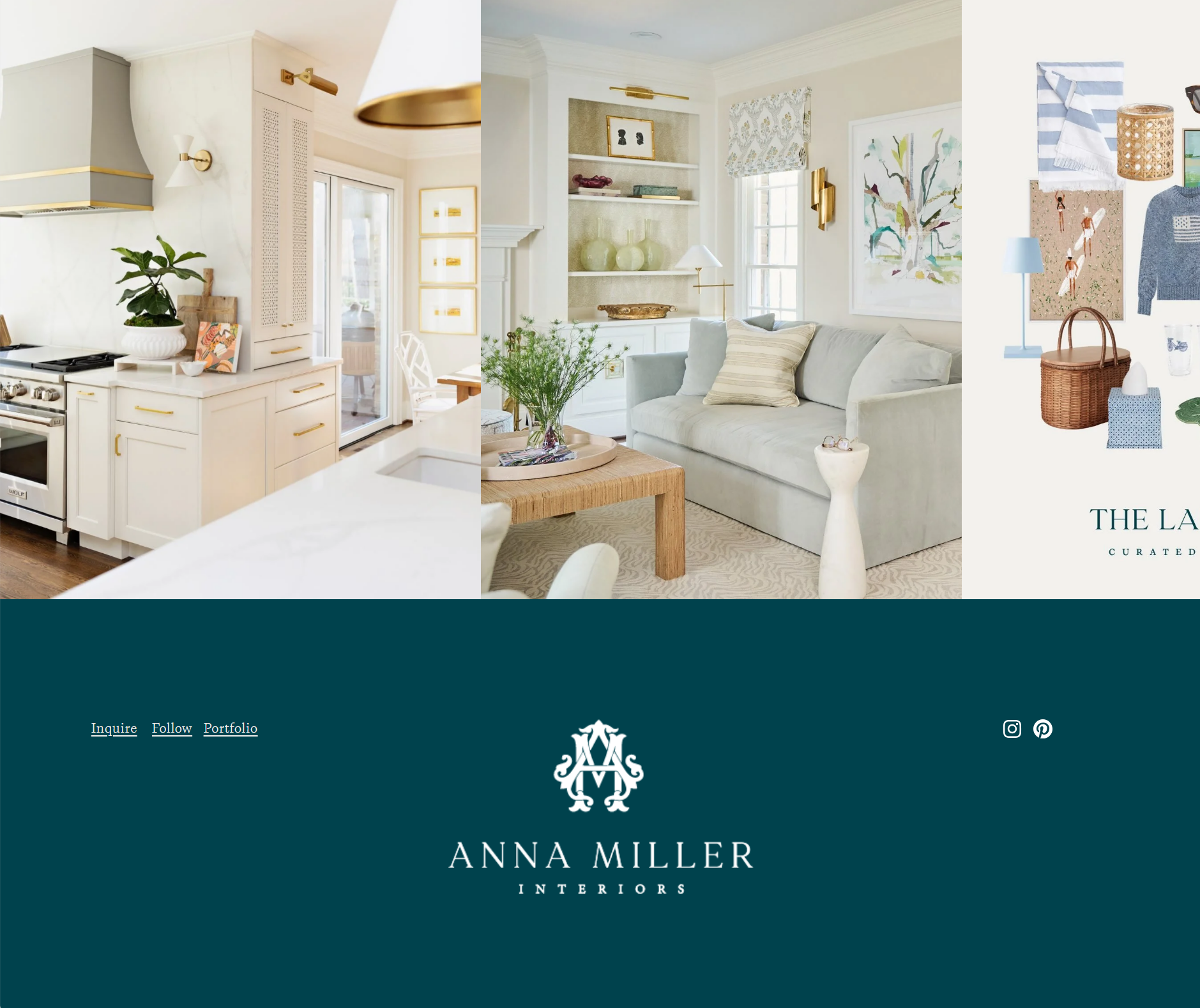 Split image of a modern kitchen on the left, a cozy living room in the center, and a collection of home decor items on the right. The kitchen features white cabinets with gold handles, a plant, and a stove. The living room has a light-colored sofa, a wooden coffee table with a vase of greenery, and decorative shelving. The decor items include a striped towel, basket, glassware, and artwork.