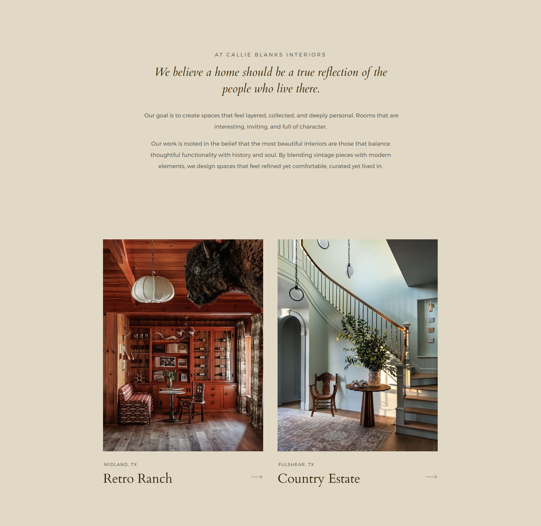 Split image showing two interior styles: Retro Ranch in Midland, TX, featuring warm wood paneling, vintage furniture, and rustic decor. On the right, Country Estate in Fulshear, TX, with light-colored walls, elegant staircase, large windows, and tasteful furnishings.