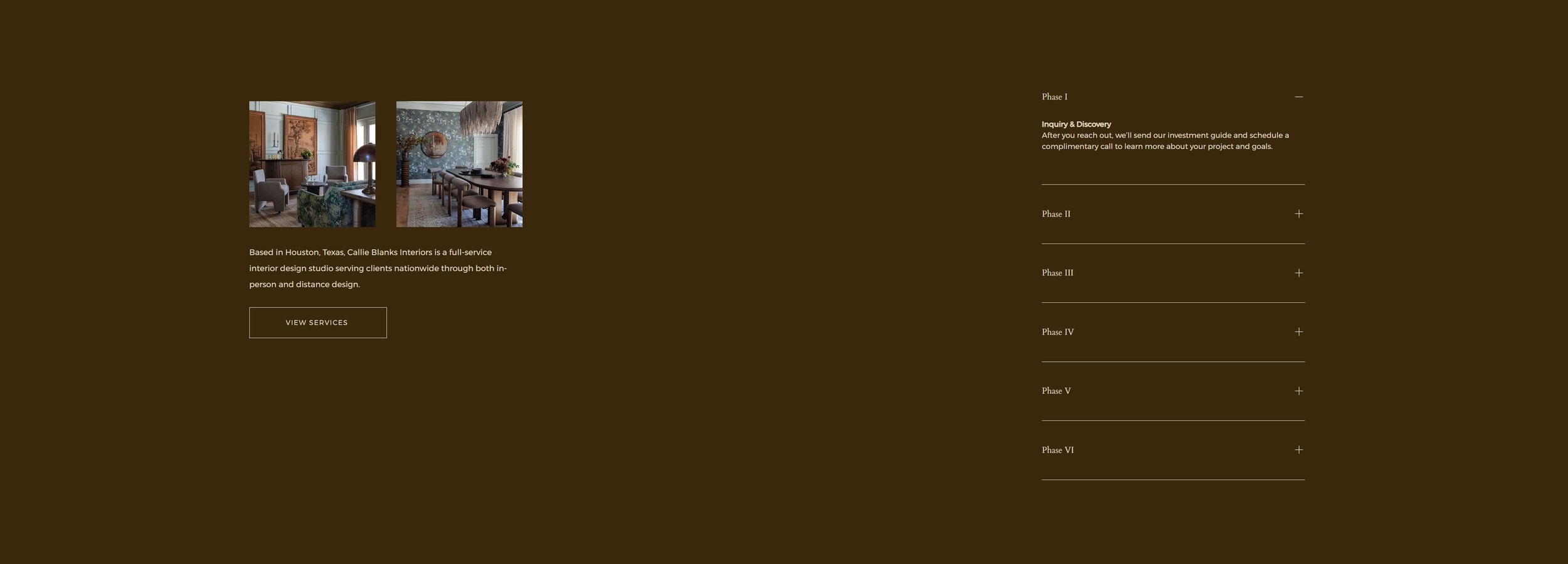 Screenshot of a website with a brown background featuring two interior design photos, a brief description of Callie Blanks Interiors in Houston, Texas, and a service overview with phase details on the right.