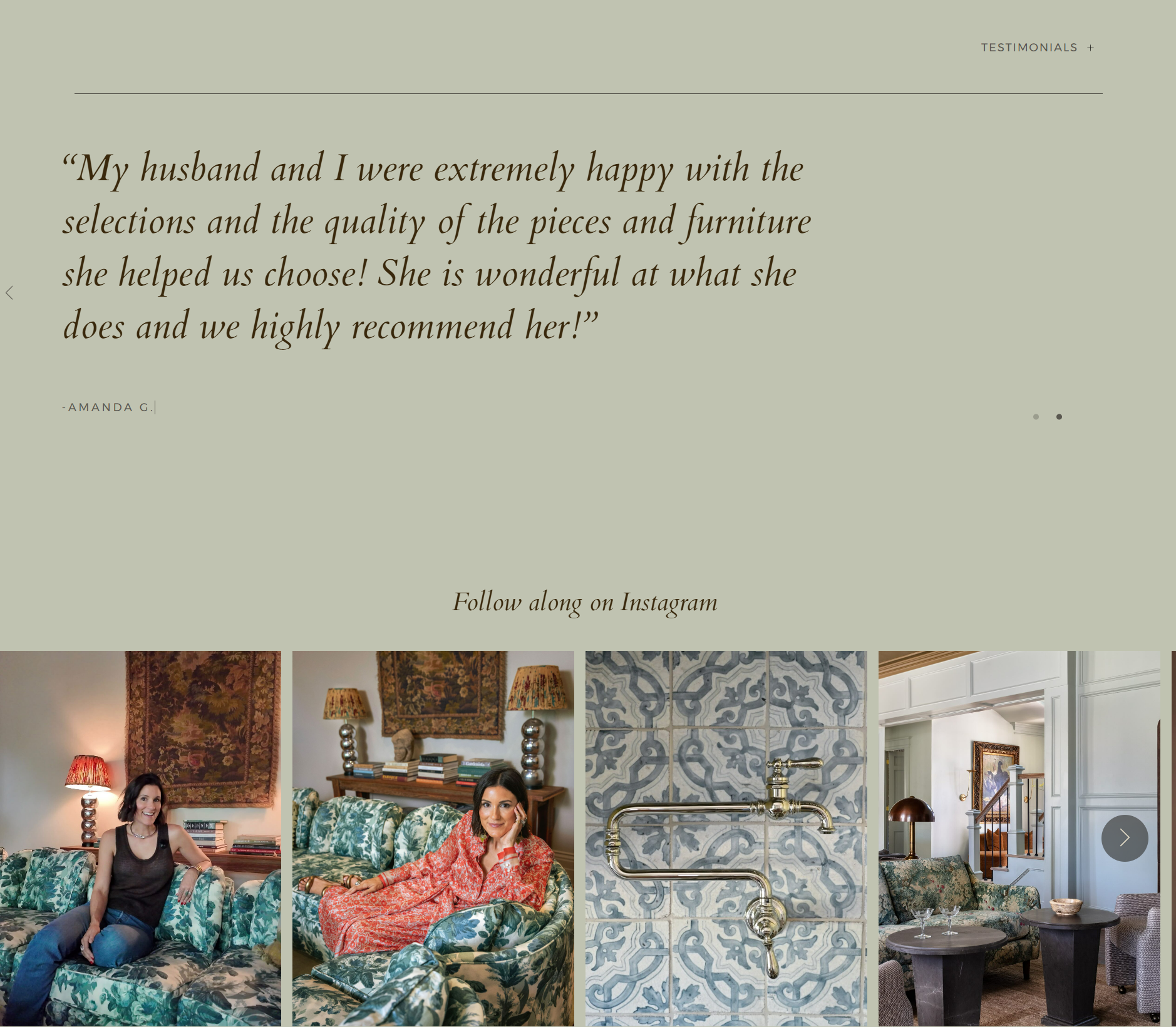 Screenshot of a website featuring interior design, furniture, and home décor. Visible sections include testimonials, images of living rooms with patterned furniture, lamps, artwork, and home fixtures.