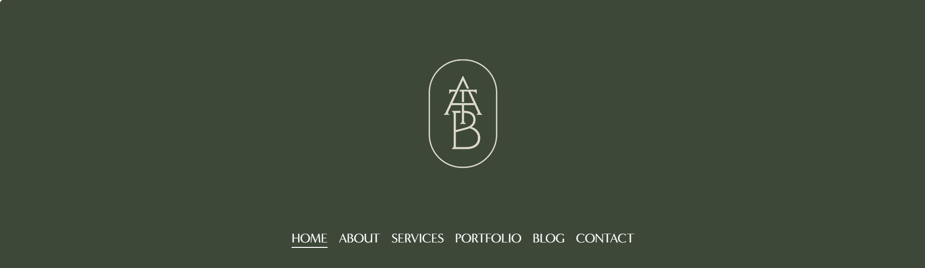 Website homepage with a dark green background, a white logo with stylized letters, and a navigation menu with links to Home, About, Services, Portfolio, Blog, and Contact.
