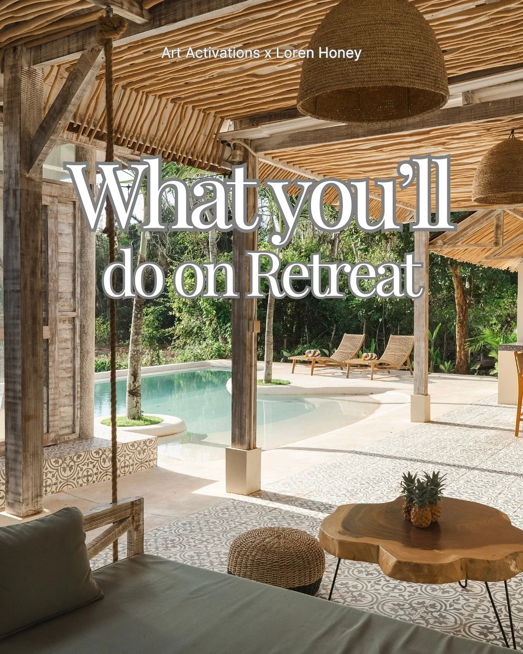 We have some great workshops and activities planned for Aradia Retreat!

And some free time too.

Art workshops
Yin &amp; vinyasa yoga
Breathwork
Women&rsquo;s circles
Womb &amp; cycles wisdom

There&rsquo;s the pools, sauna, cold plunge and hot tub 