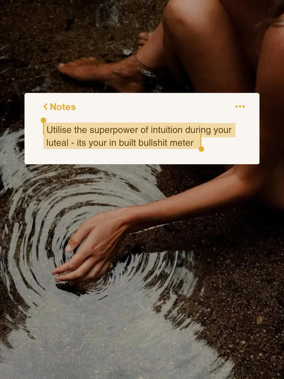 Its ancestral. Instinctive.

The luteal gets a lot of shit but I&rsquo;m obsessed with it.

The POWER of your intuition the week before bleeding is wild.

Listen to it. Take note of what you&rsquo;re sensing.

Notice the patterns that come up repetit