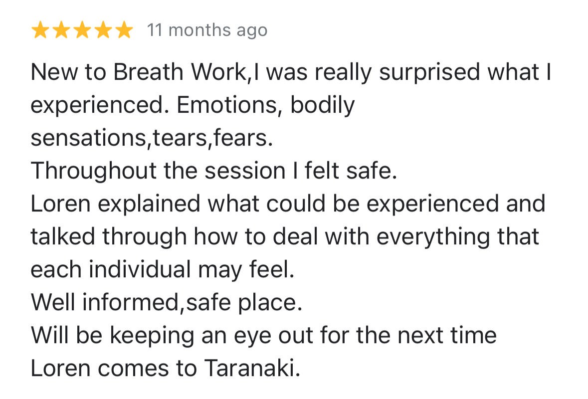 Five-star review for a Breath Work session, mentioning emotional and bodily sensations, feeling safe, and gratitude for the guidance by Loren.
