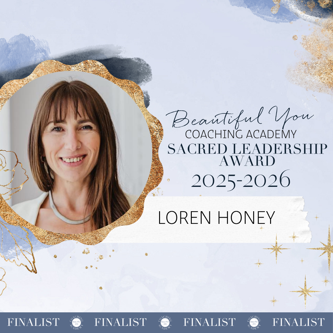 A woman smiling, with shoulder-length brown hair and bangs, wearing a light-colored top and necklace, inside a circular frame with a decorative gold border. The background features a blue and gold abstract design. The text reads: "Beautiful You Coaching Academy Sacred Leadership Award 2025-2026 Loren Honey."