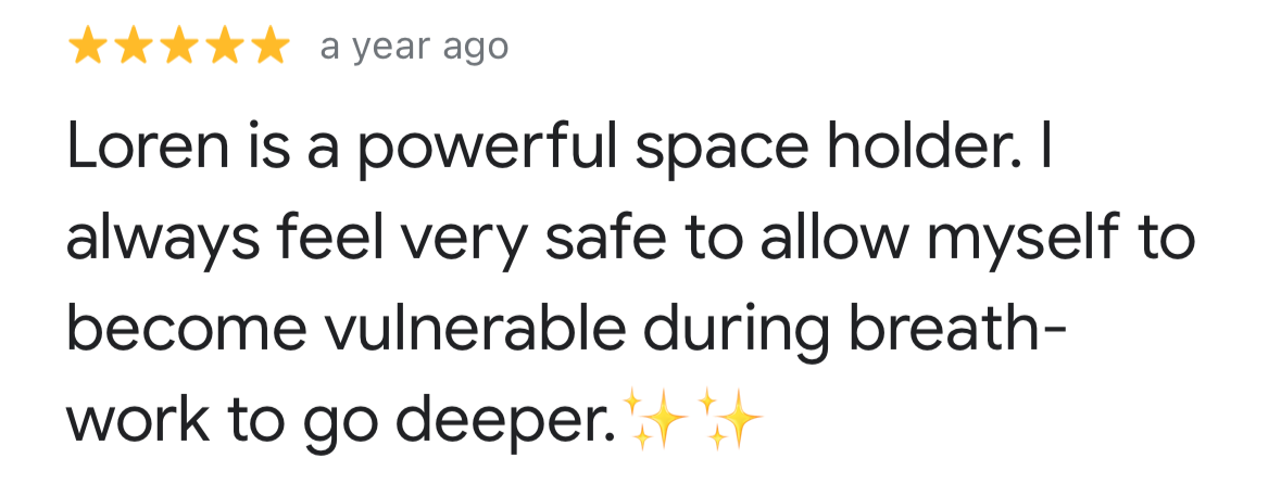 Review rating and text praising a space holder called Loren for safety and breath work, with sparkle emojis.